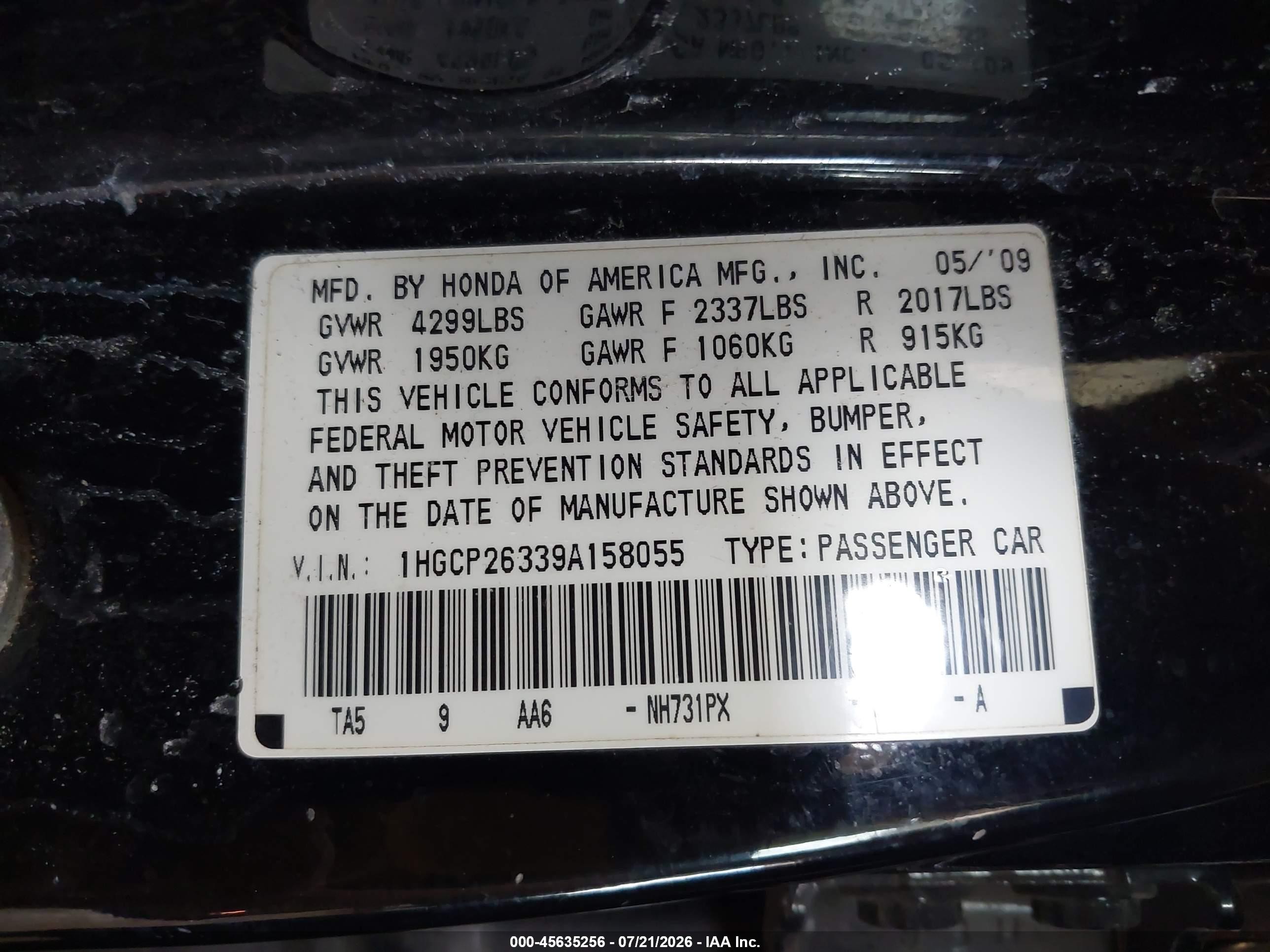 2009 Honda Accord 2.4 Lx Black vin: 1HGCP26339A158055