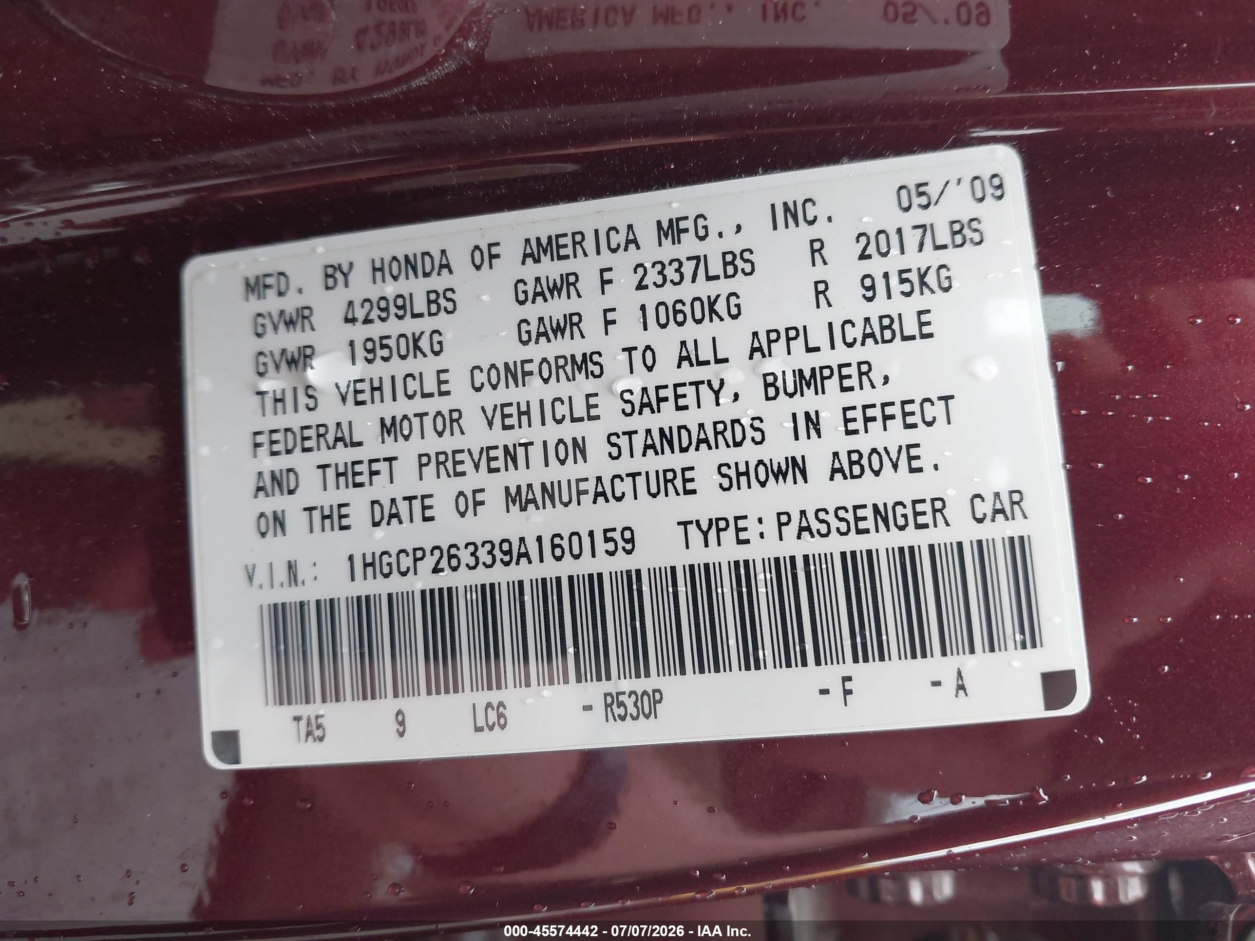 2009 Honda Accord 2.4 Lx Maroon vin: 1HGCP26339A160159