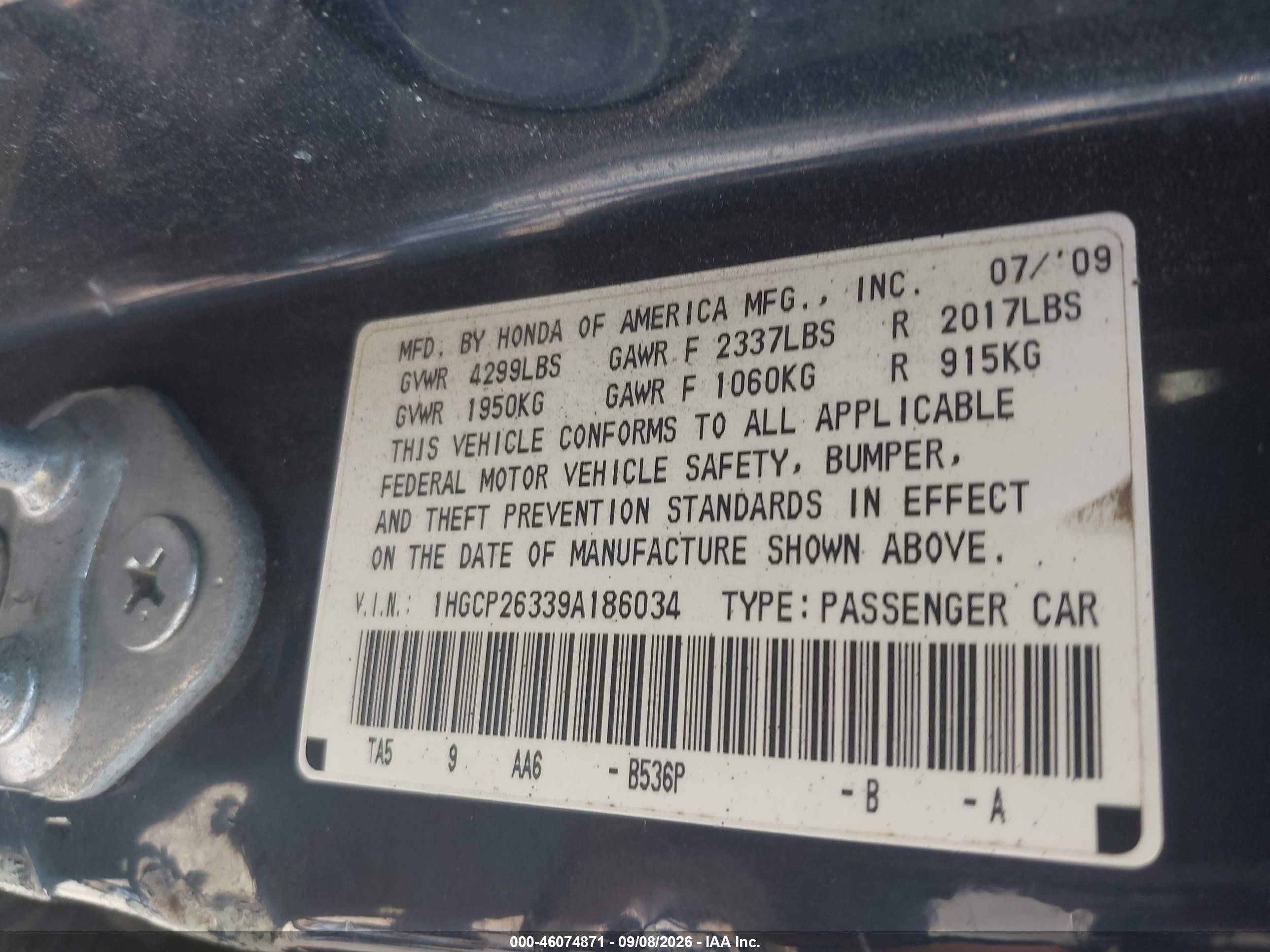 2009 Honda Accord 2.4 Lx Black vin: 1HGCP26339A186034