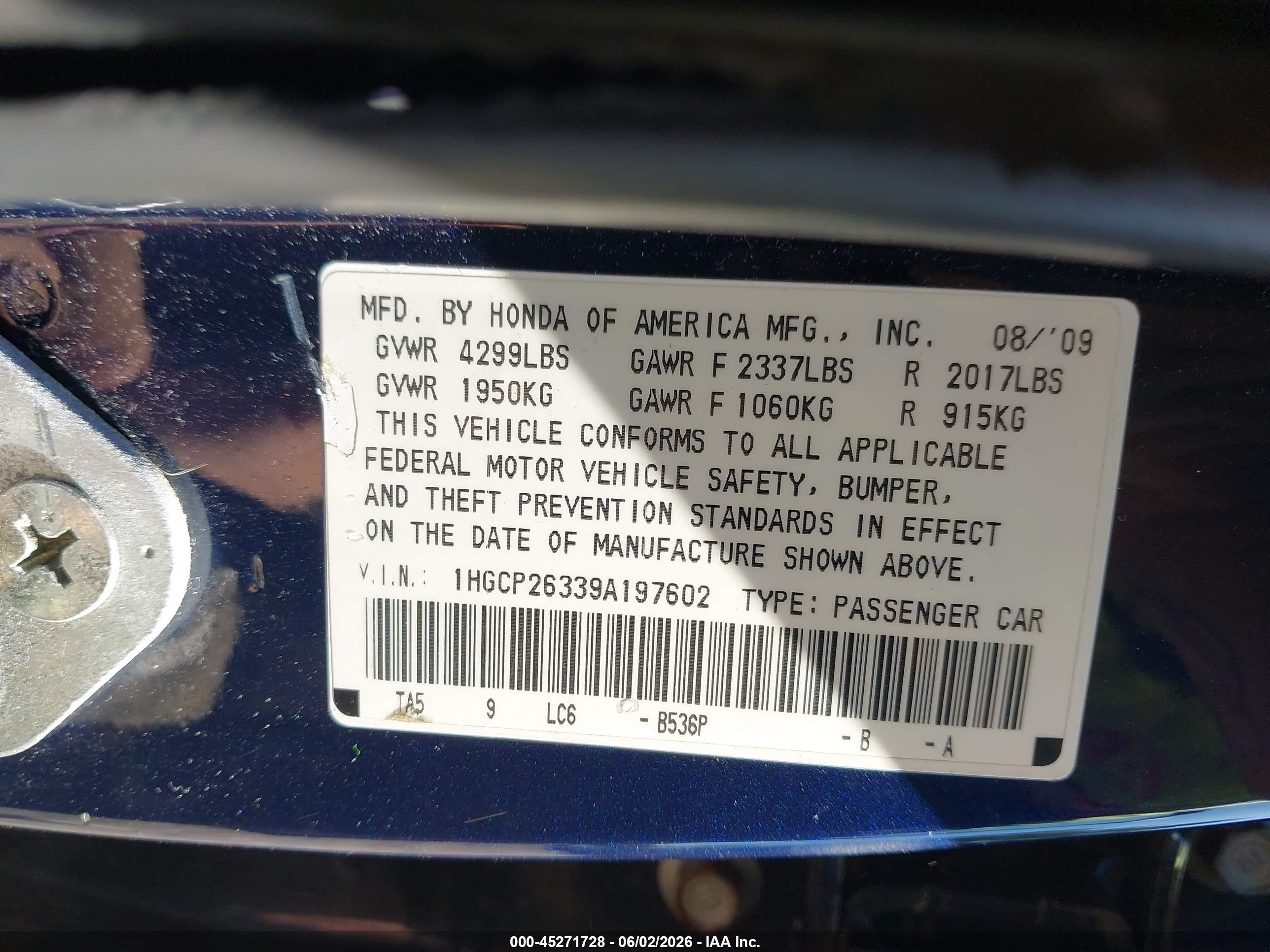 2009 Honda Accord 2.4 Lx Blue vin: 1HGCP26339A197602