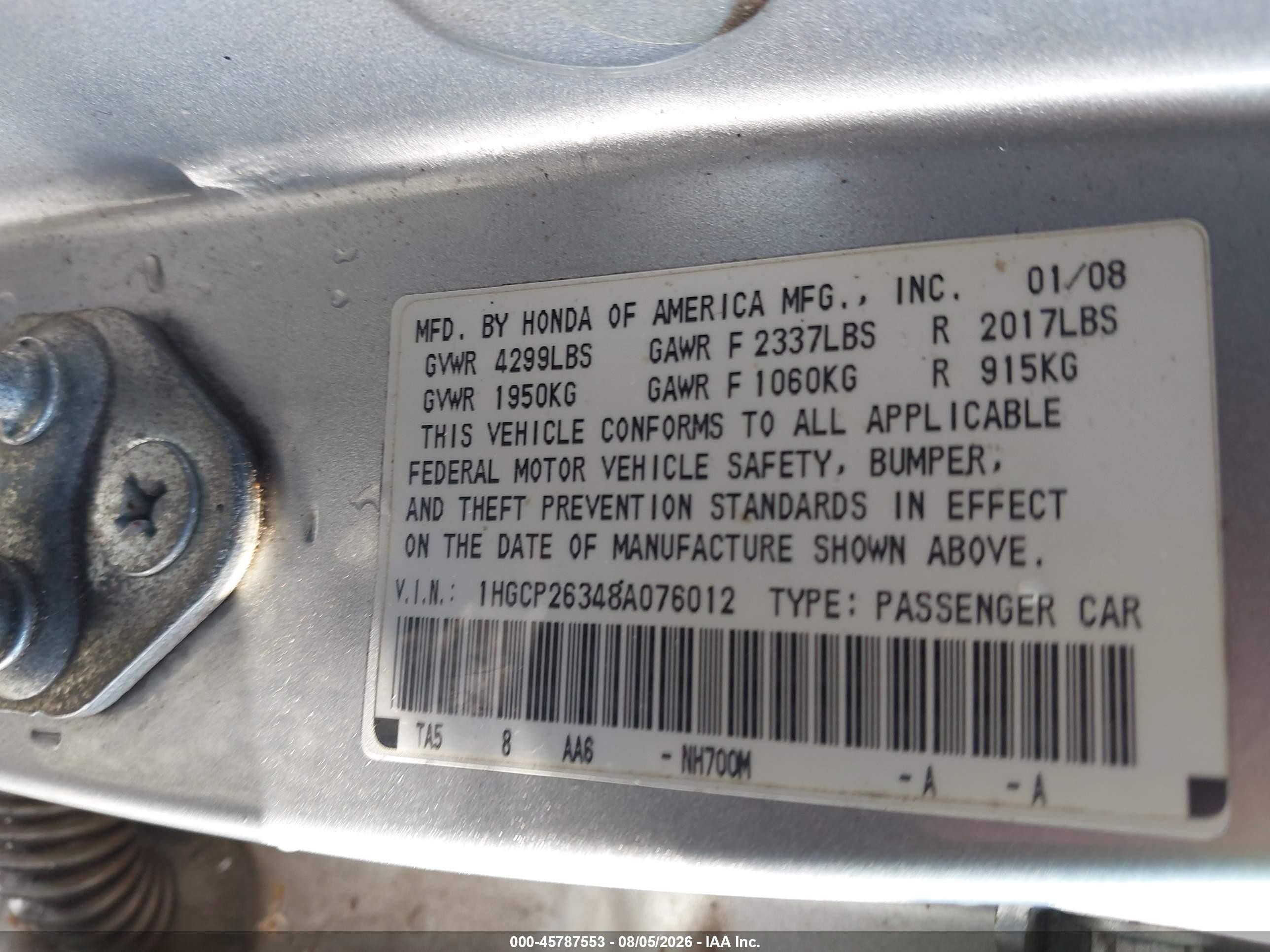 2008 Honda Accord 2.4 Lx Silver vin: 1HGCP26348A076012