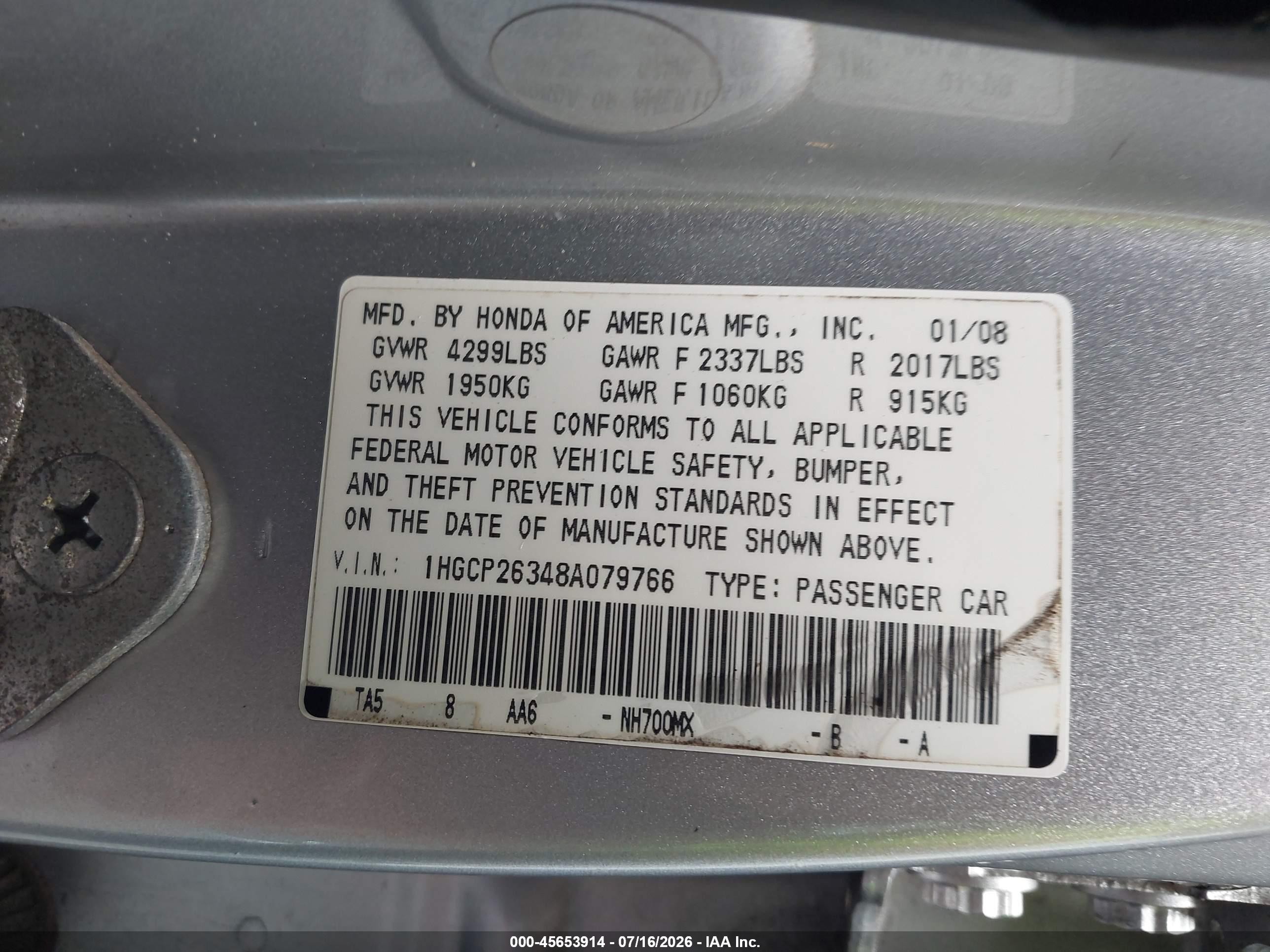 2008 Honda Accord 2.4 Lx Серебряный vin: 1HGCP26348A079766