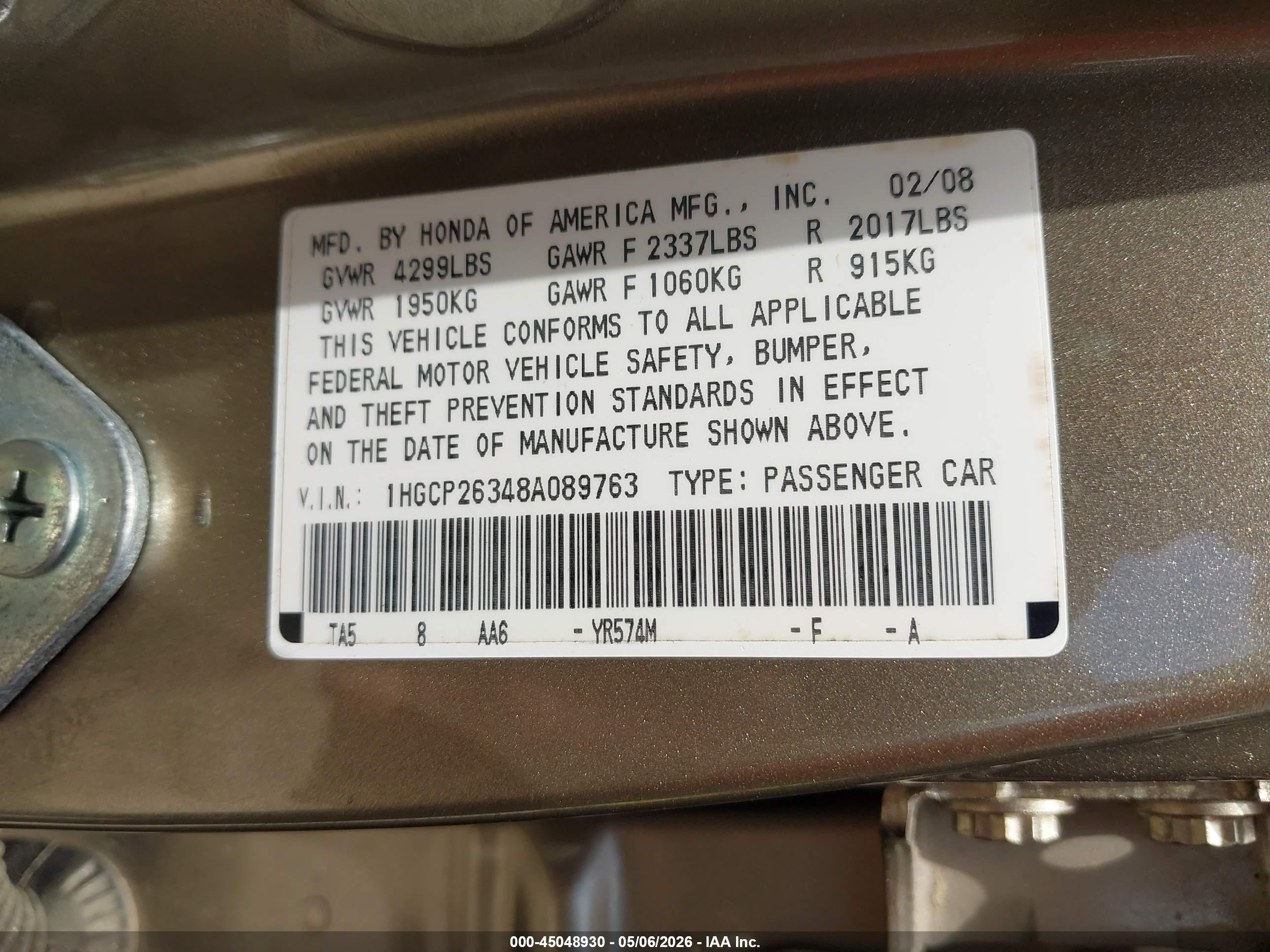 2008 Honda Accord 2.4 Lx Tan vin: 1HGCP26348A089763