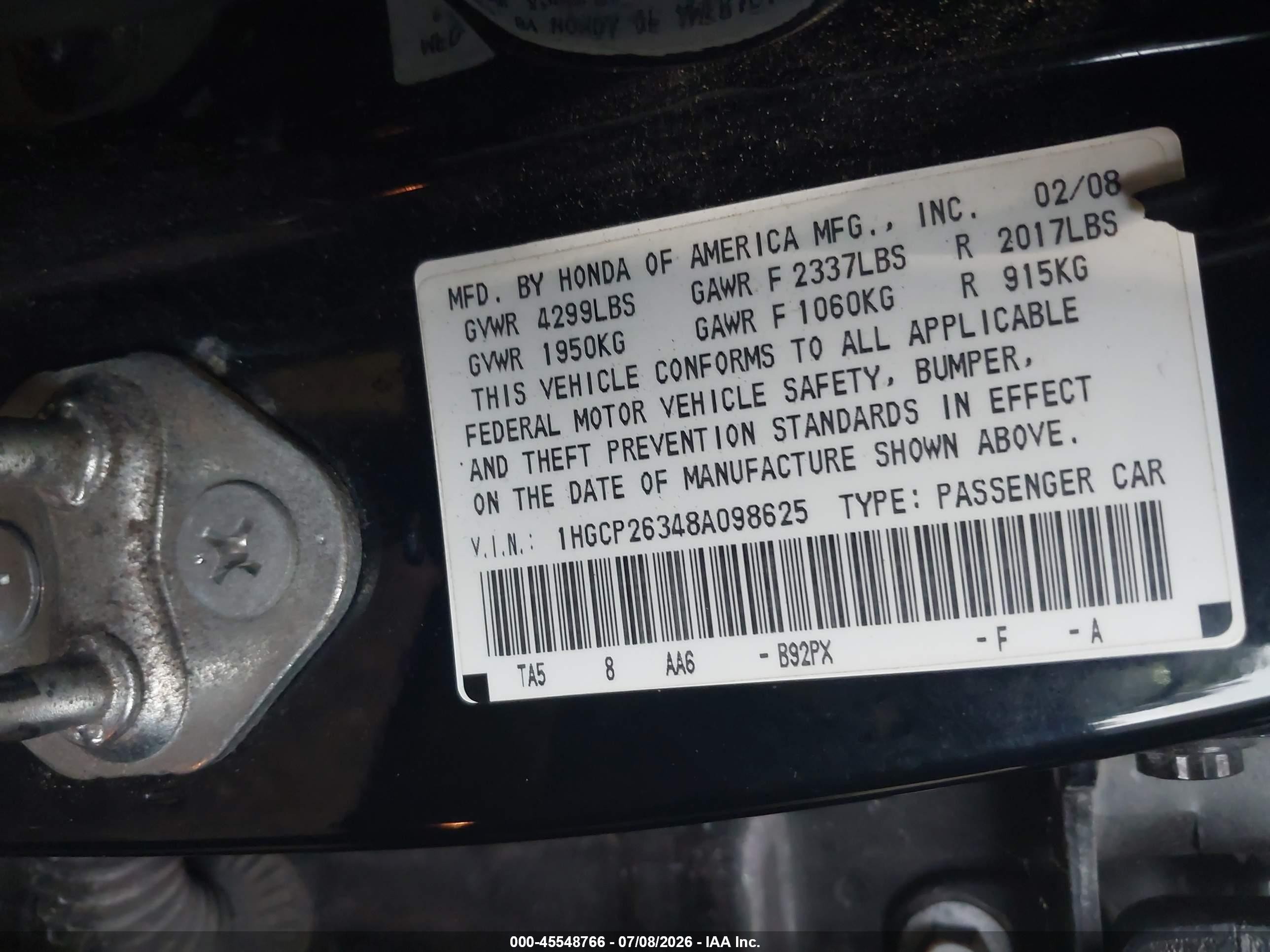 2008 Honda Accord 2.4 Lx Black vin: 1HGCP26348A098625