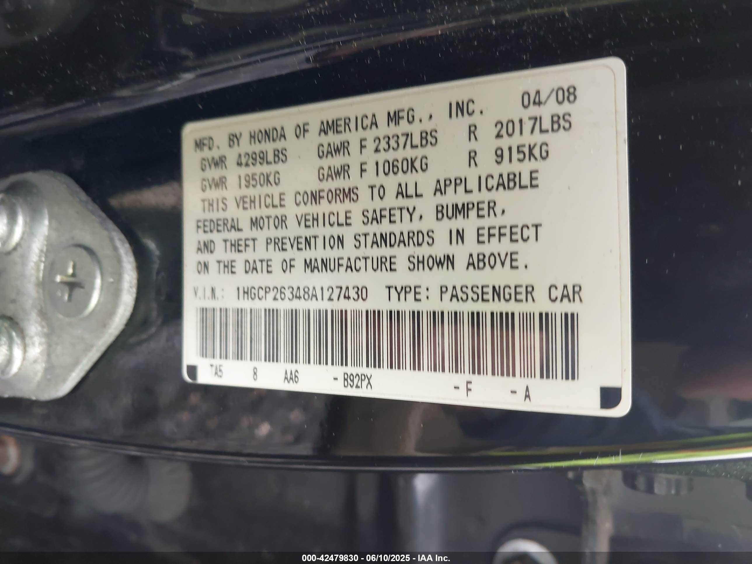 2008 Honda Accord 2.4 Lx Black vin: 1HGCP26348A127430