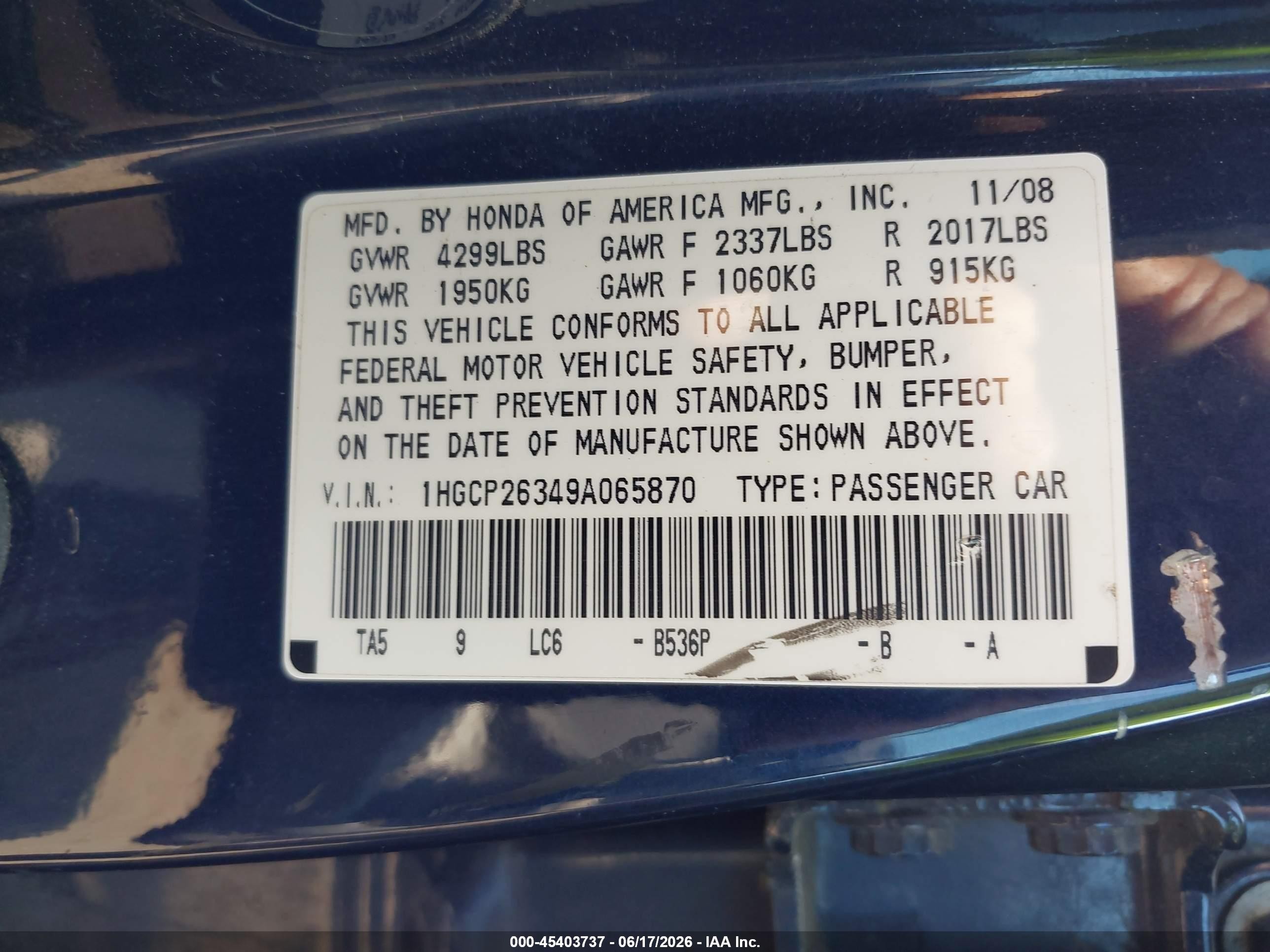 2009 Honda Accord 2.4 Lx Синий vin: 1HGCP26349A065870