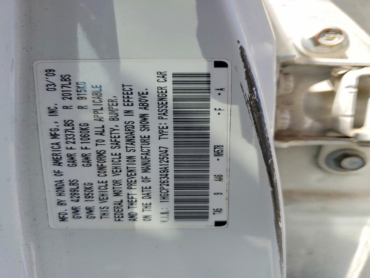 2009 Honda Accord Lx White vin: 1HGCP26349A125047