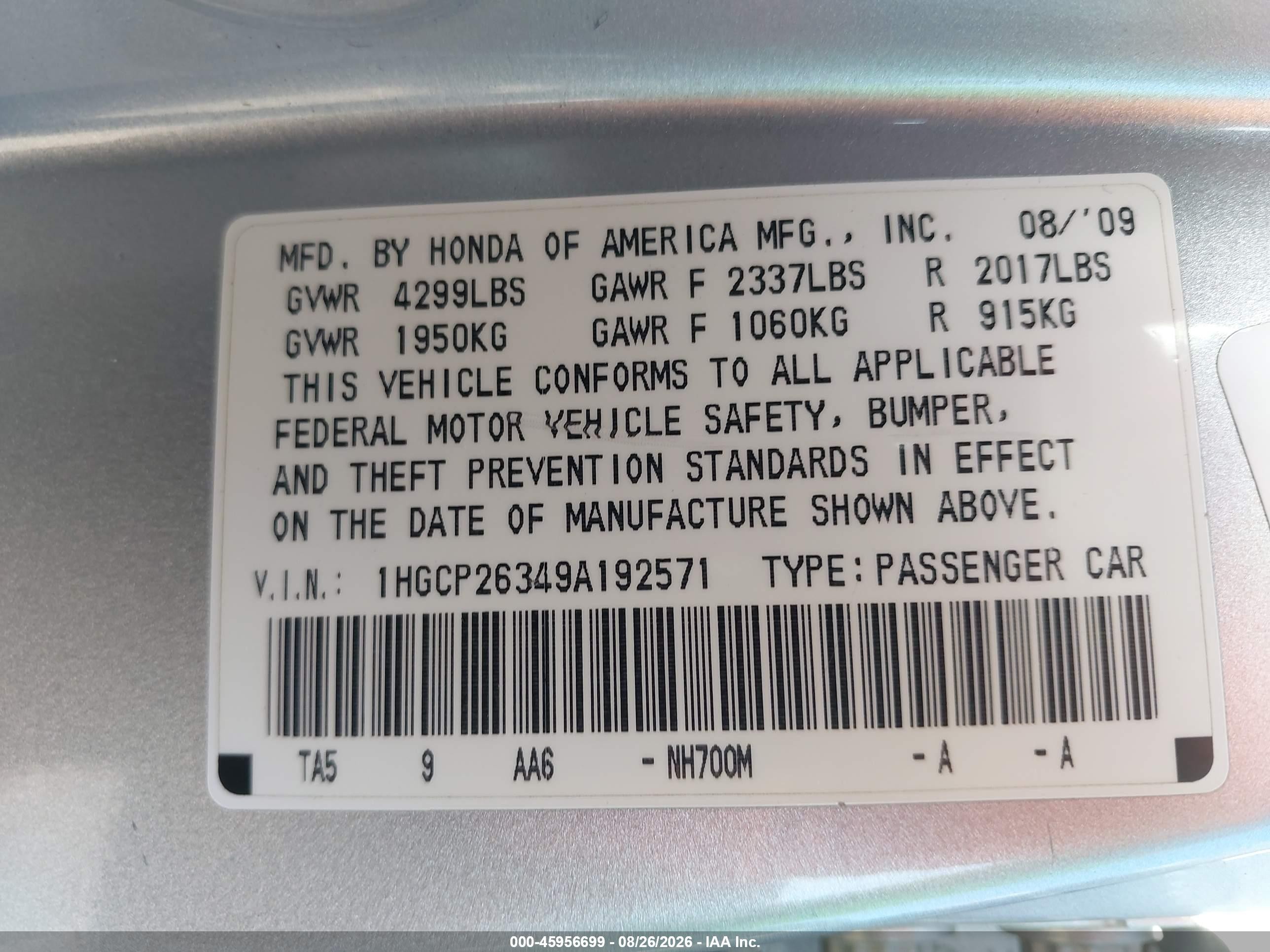 2009 Honda Accord 2.4 Lx Silver vin: 1HGCP26349A192571