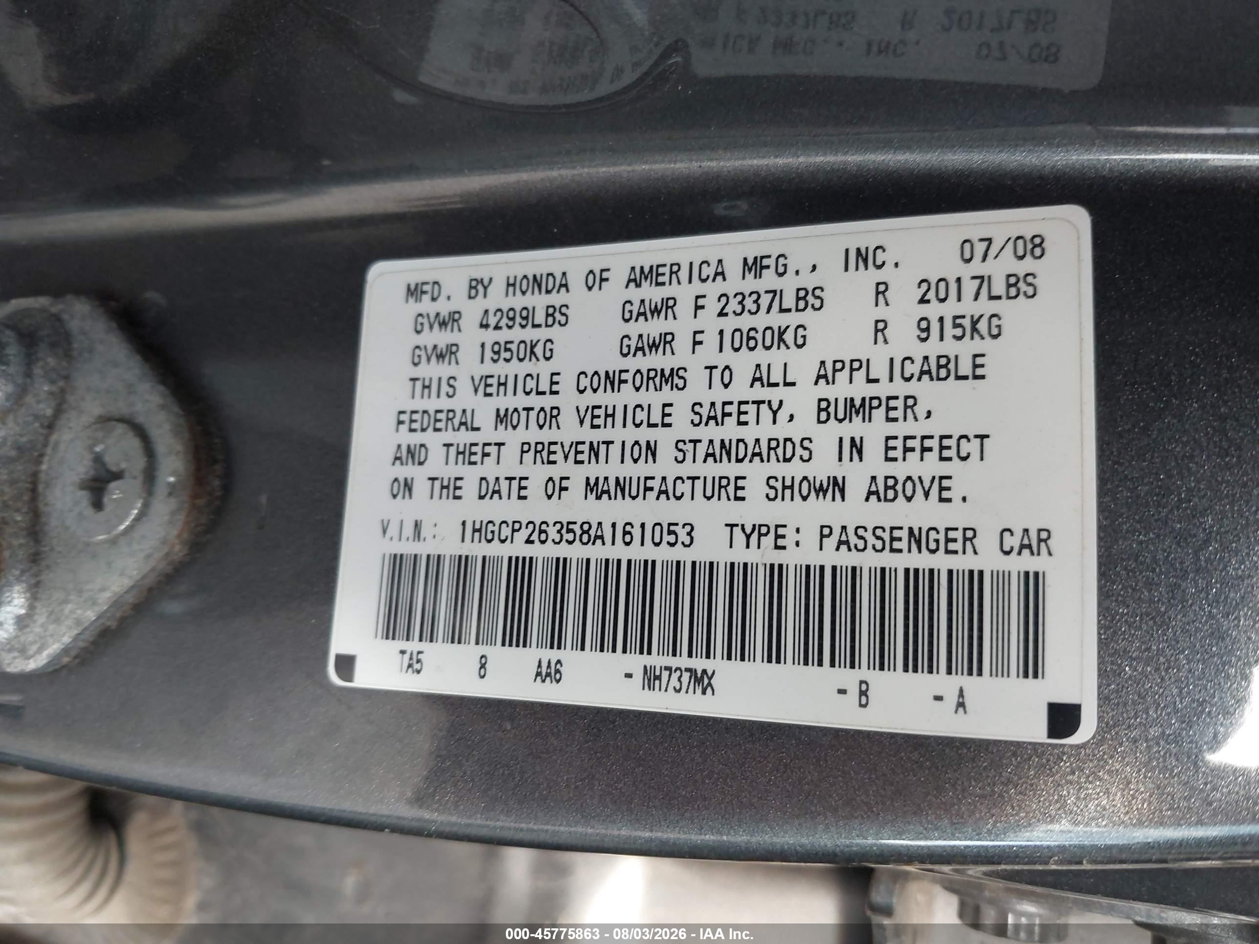 2008 Honda Accord 2.4 Lx Gray vin: 1HGCP26358A161053