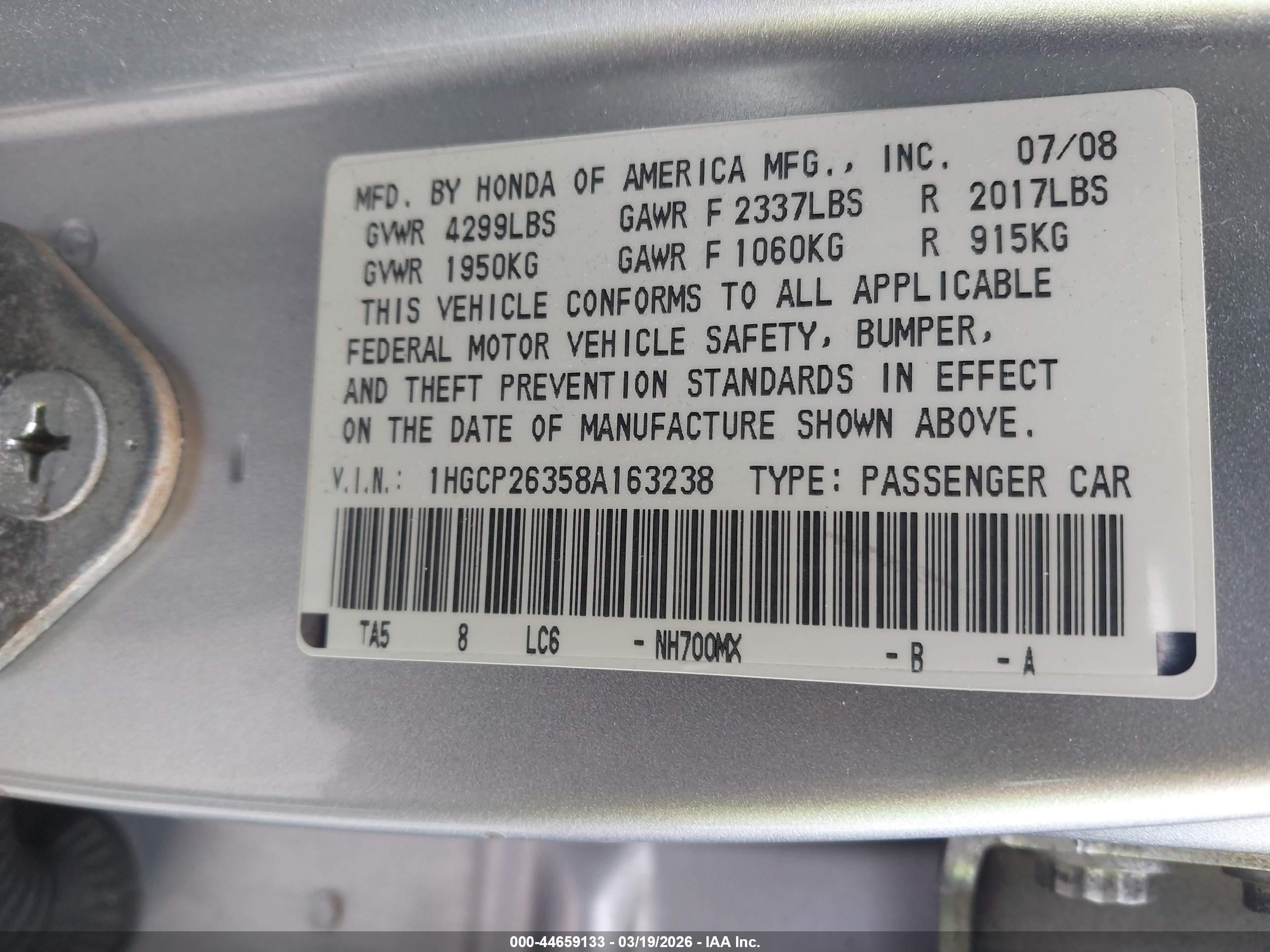 2008 Honda Accord 2.4 Lx Silver vin: 1HGCP26358A163238