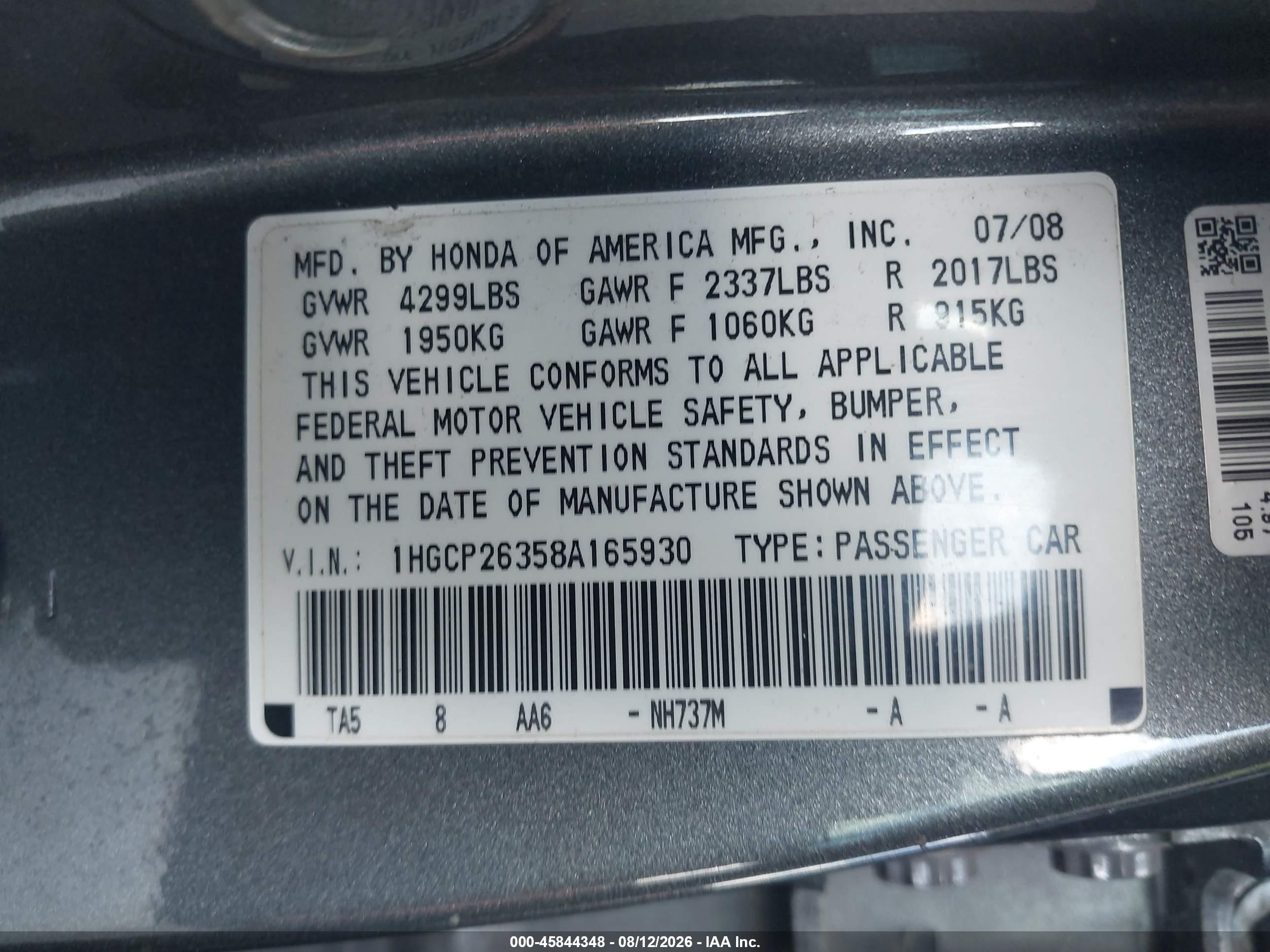 2008 Honda Accord 2.4 Lx Gray vin: 1HGCP26358A165930