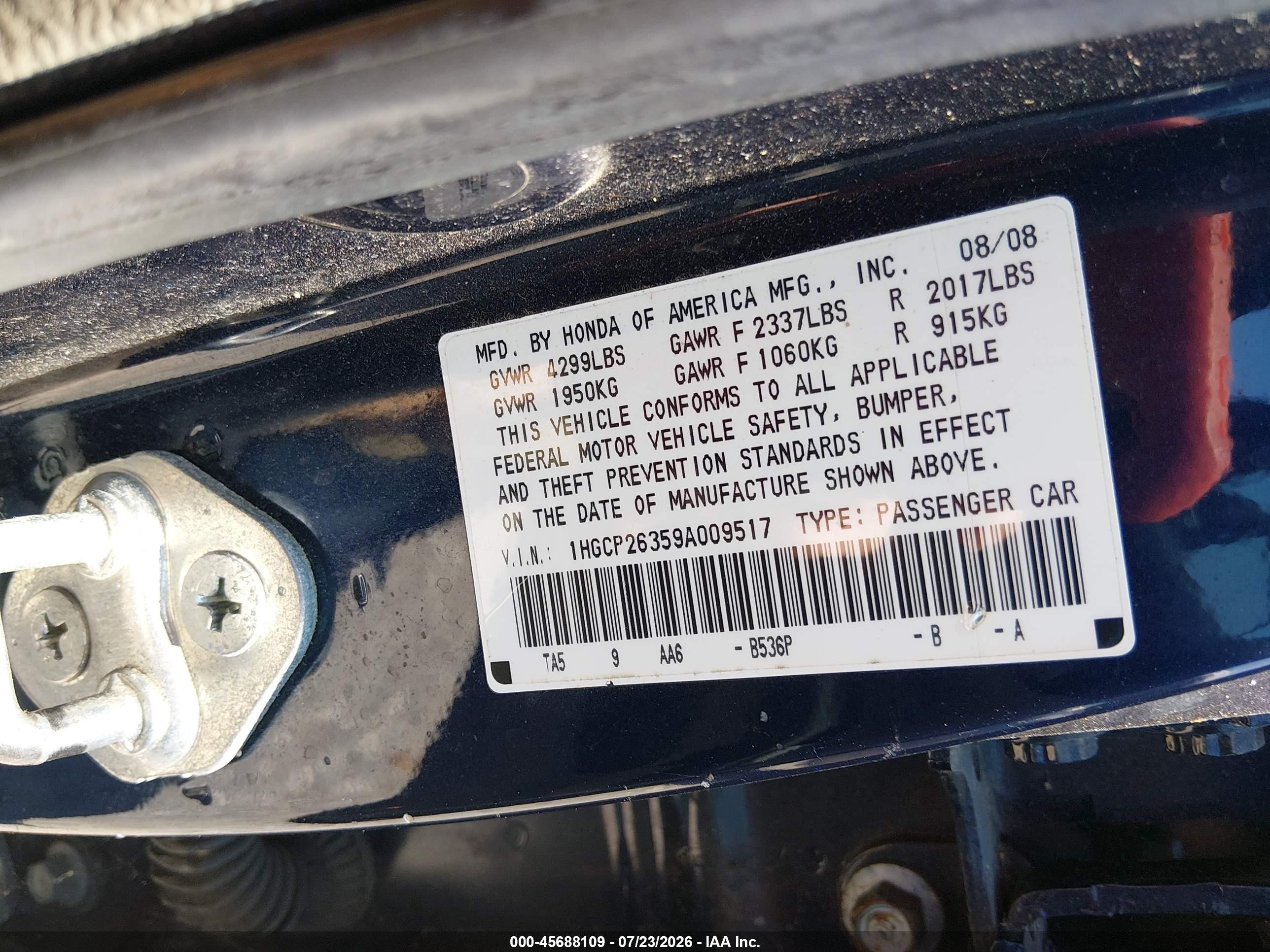 2009 Honda Accord 2.4 Lx Blue vin: 1HGCP26359A009517