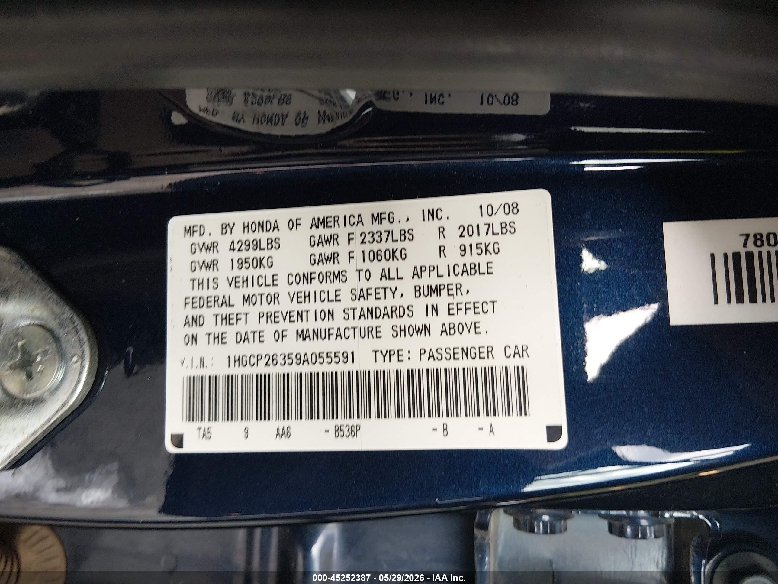 2009 Honda Accord 2.4 Lx Blue vin: 1HGCP26359A055591