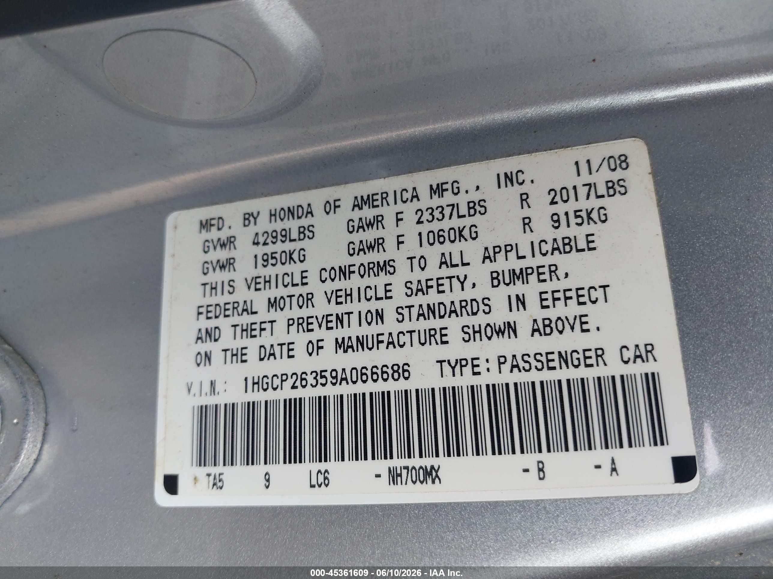 2009 Honda Accord 2.4 Lx Silver vin: 1HGCP26359A066686