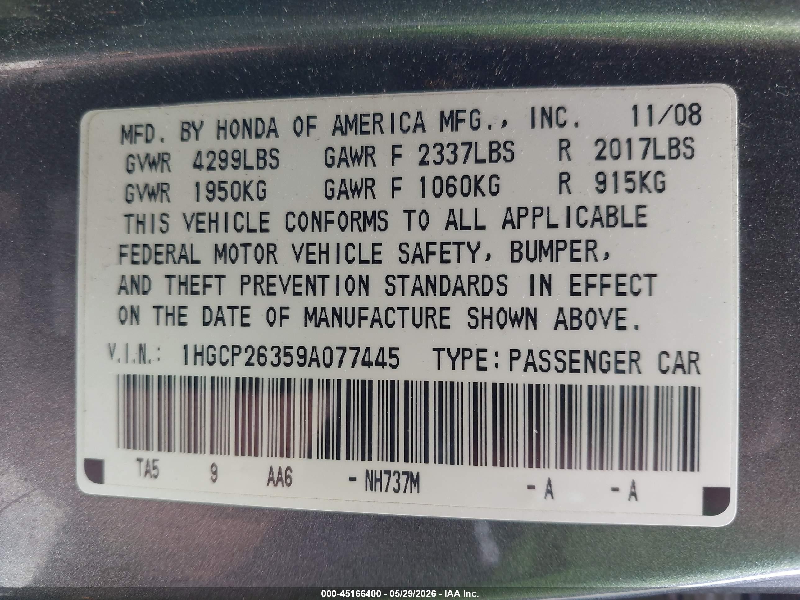2009 Honda Accord 2.4 Lx Gray vin: 1HGCP26359A077445