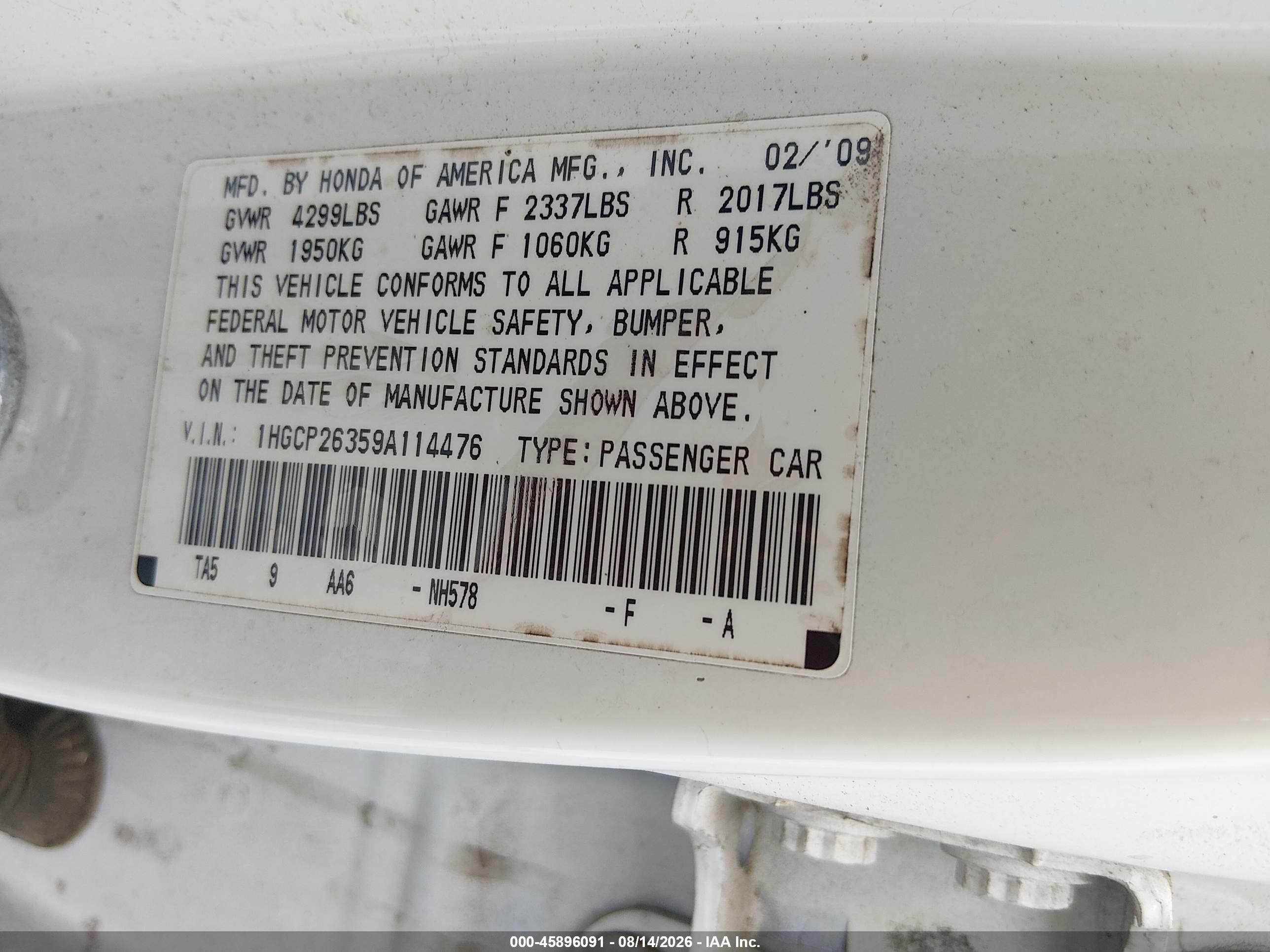 2009 Honda Accord 2.4 Lx White vin: 1HGCP26359A114476