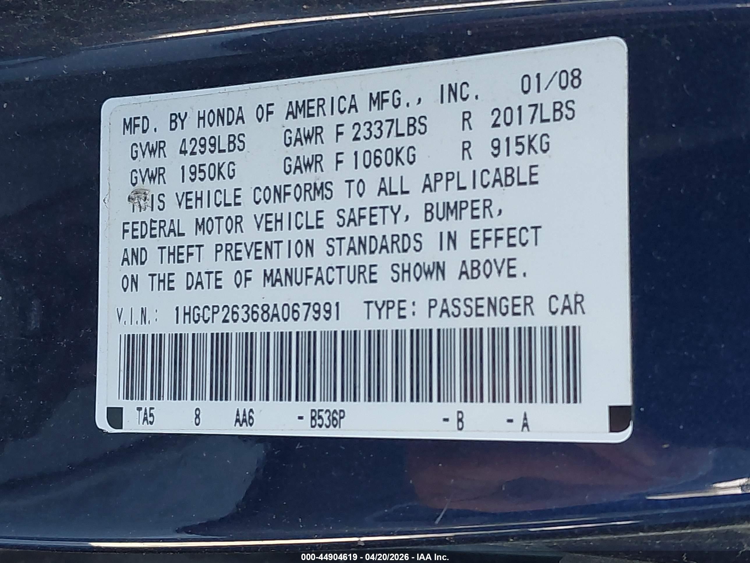 2008 Honda Accord 2.4 Lx Blue vin: 1HGCP26368A067991