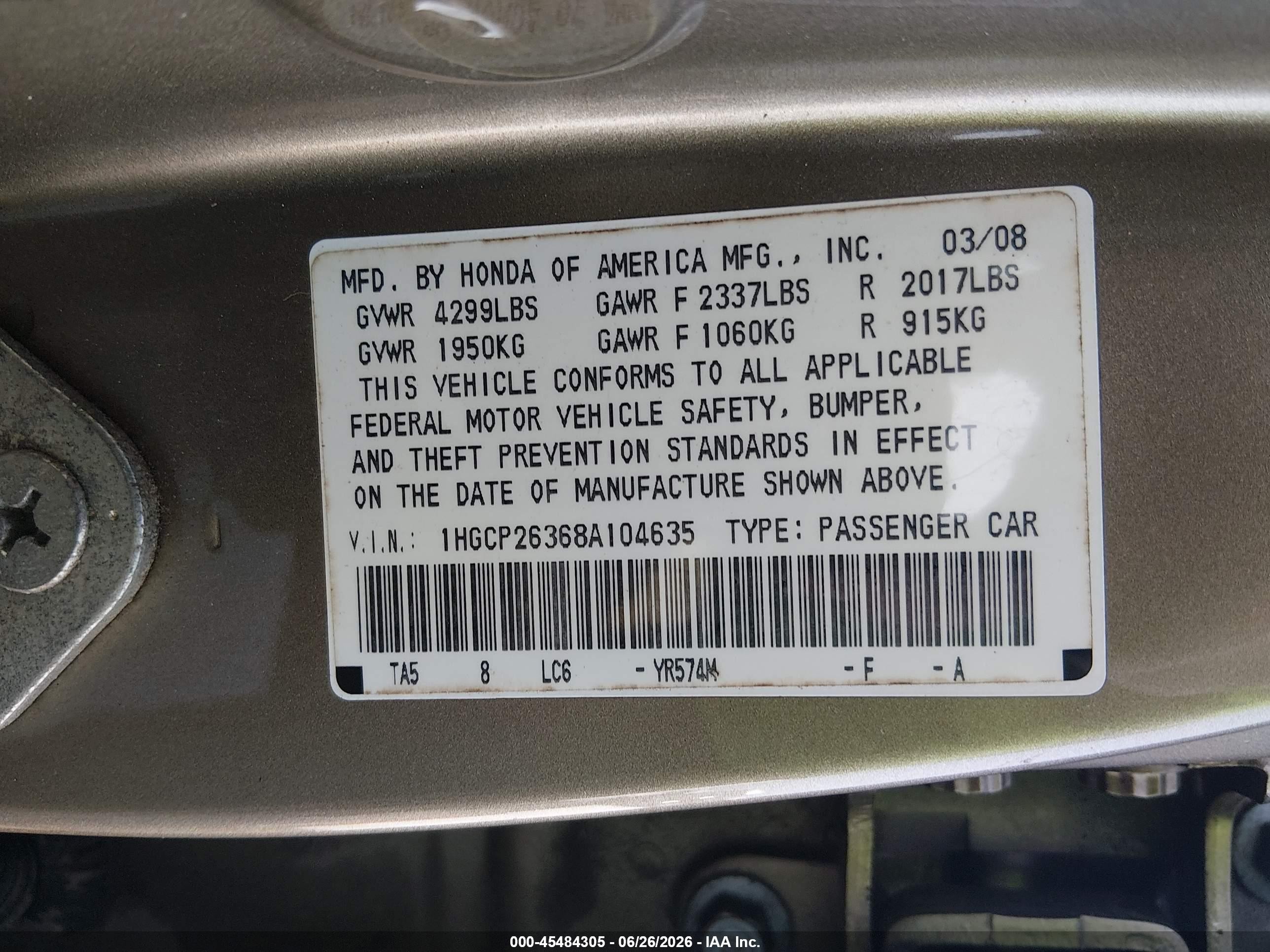 2008 Honda Accord 2.4 Lx Beige vin: 1HGCP26368A104635