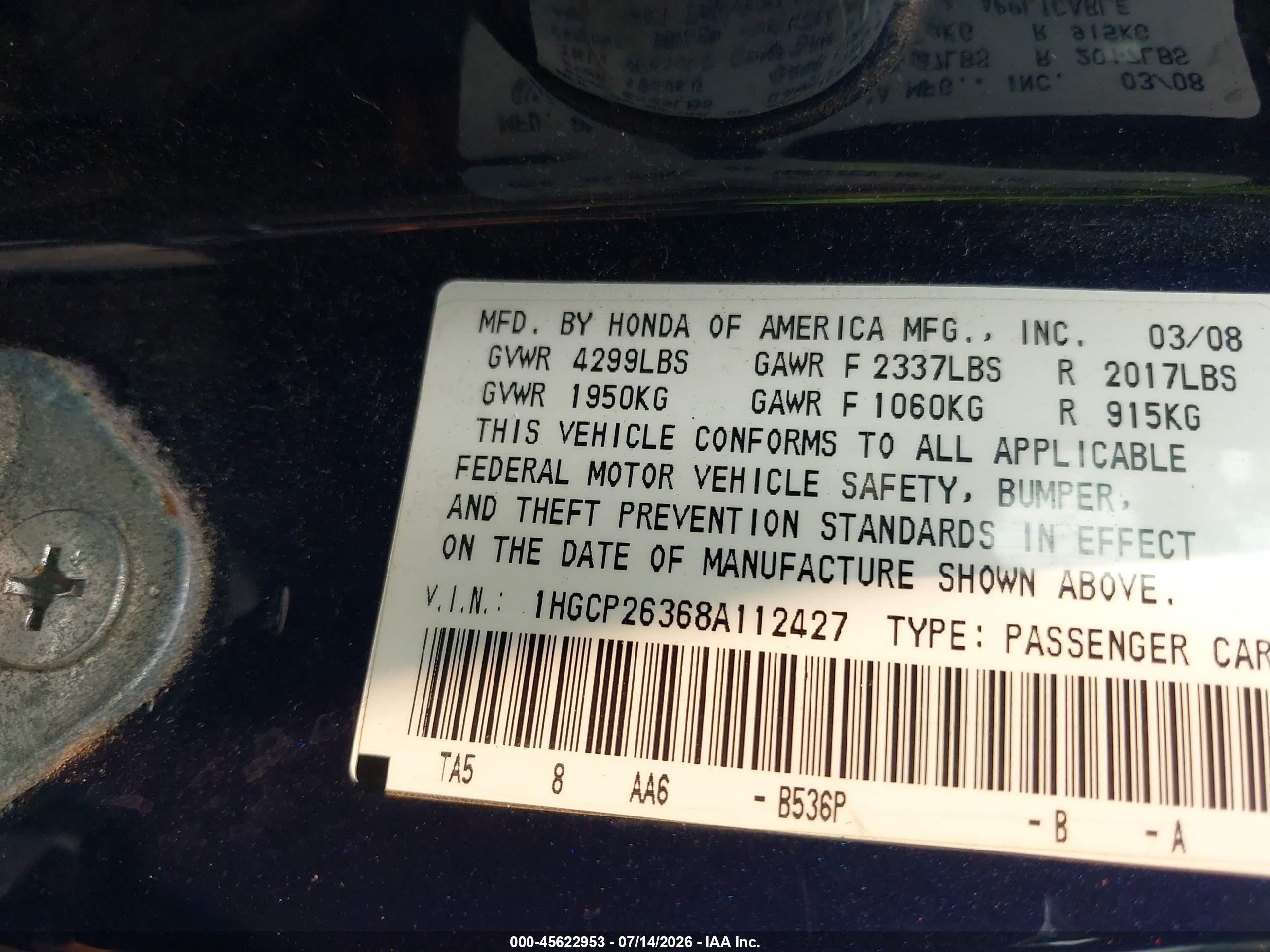 2008 Honda Accord 2.4 Lx Blue vin: 1HGCP26368A112427