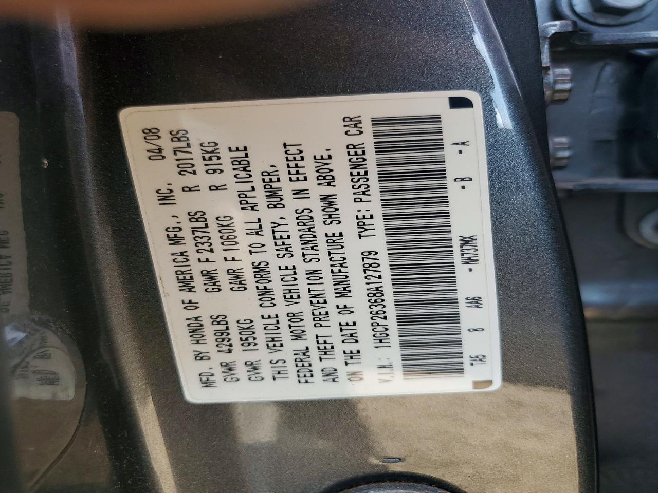 2008 Honda Accord Lx Угольный vin: 1HGCP26368A127879