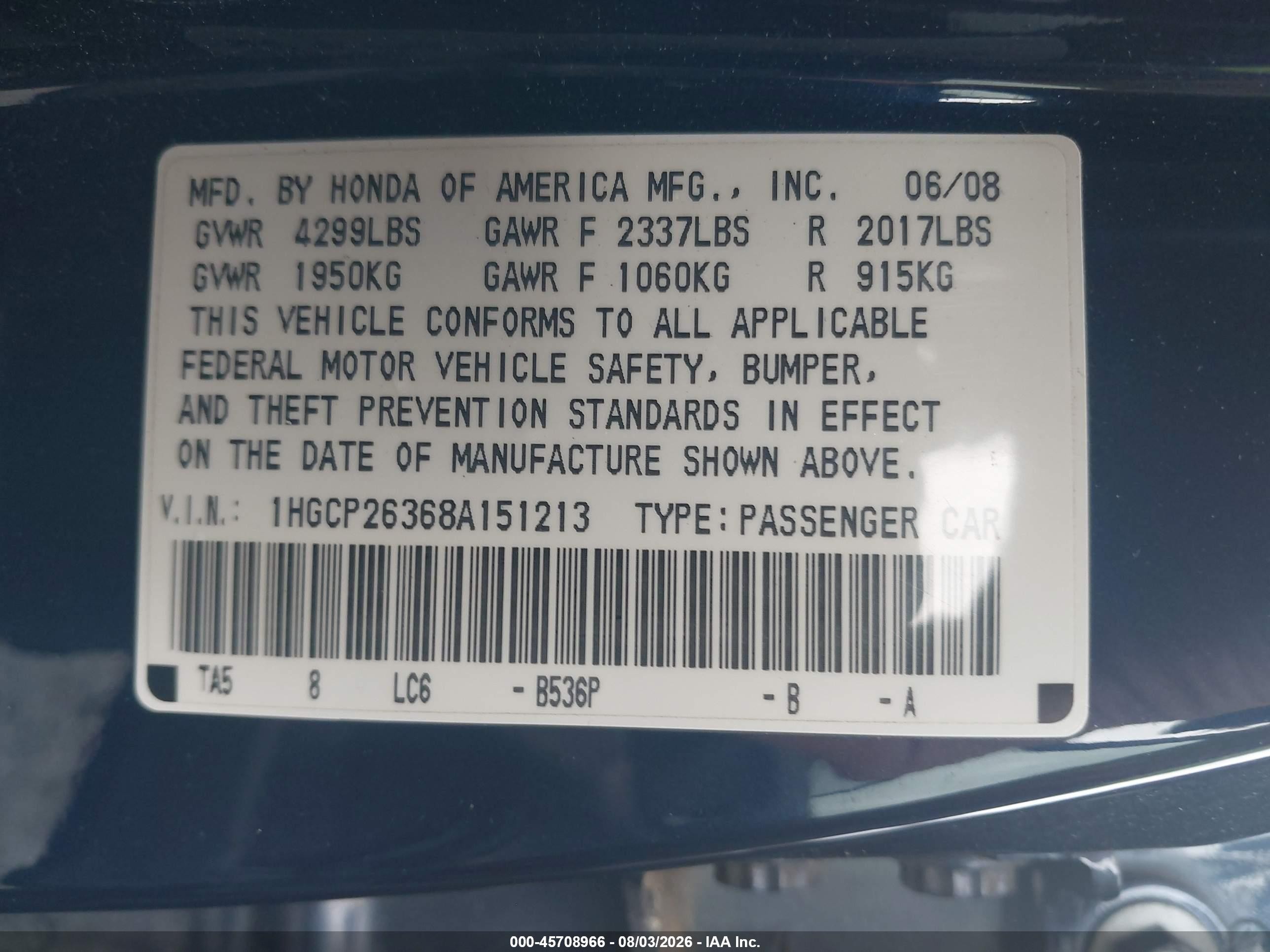 2008 Honda Accord 2.4 Lx Blue vin: 1HGCP26368A151213