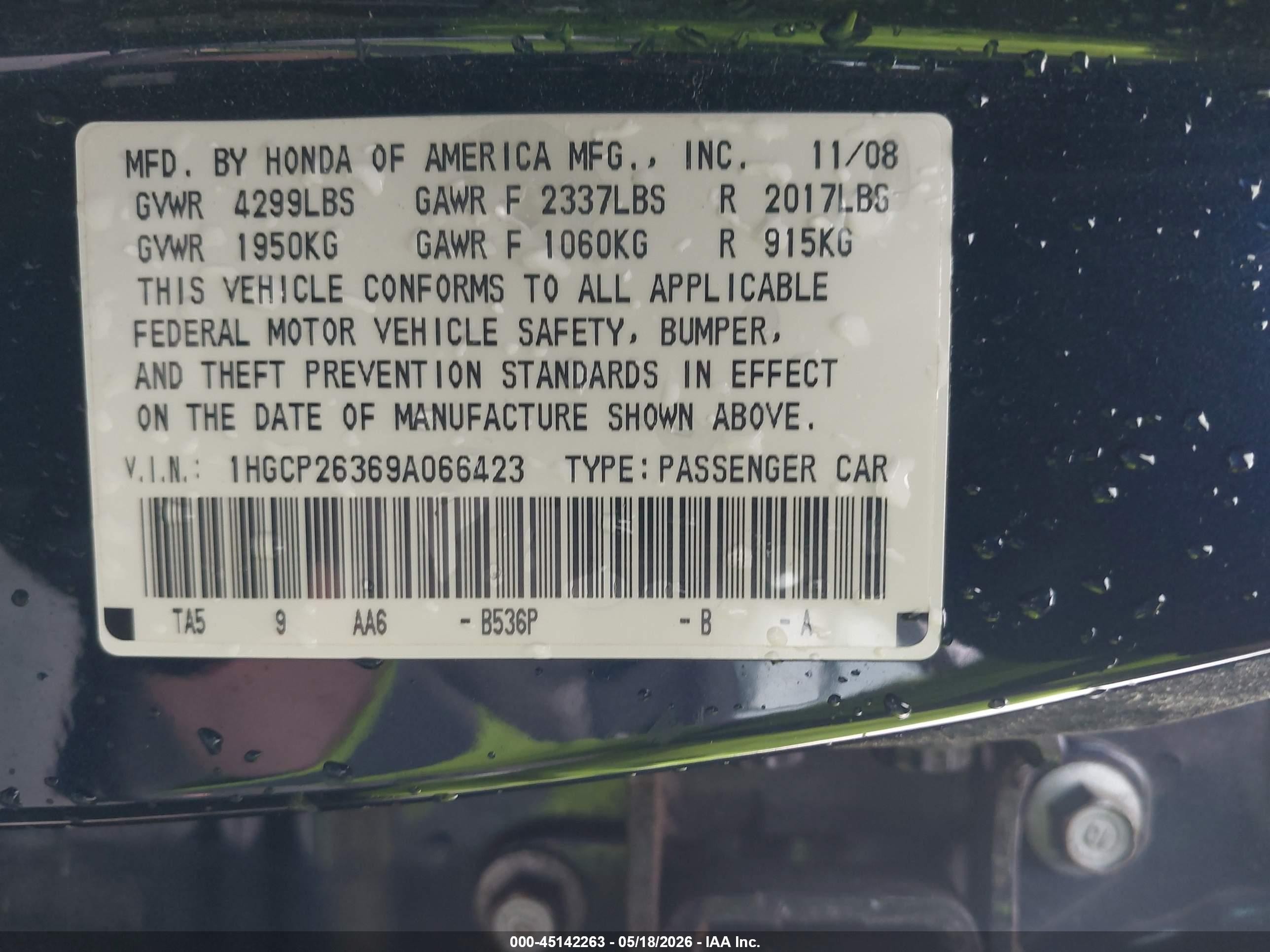2009 Honda Accord 2.4 Lx Blue vin: 1HGCP26369A066423