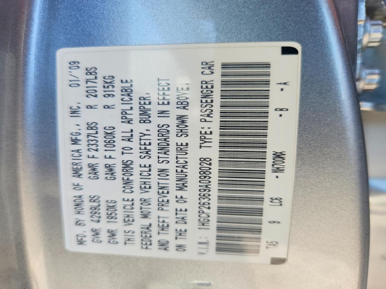 2009 Honda Accord Lx Silver vin: 1HGCP26369A098028