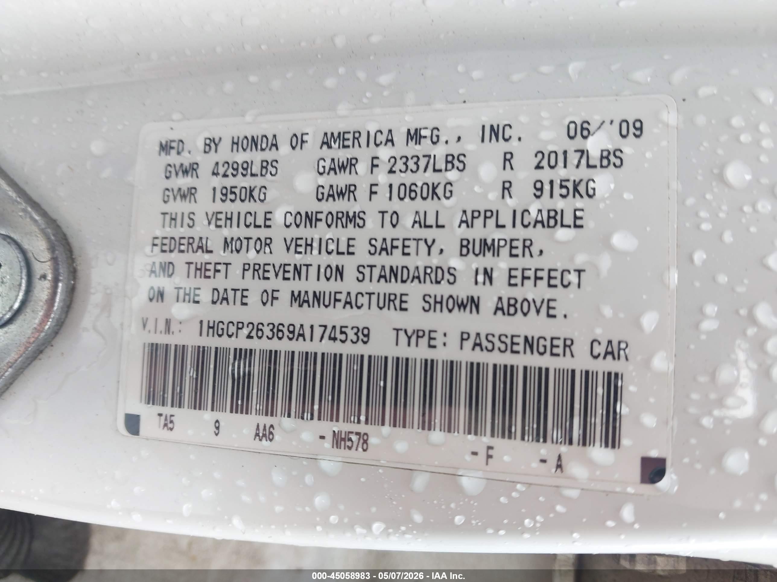 2009 Honda Accord 2.4 Lx White vin: 1HGCP26369A174539