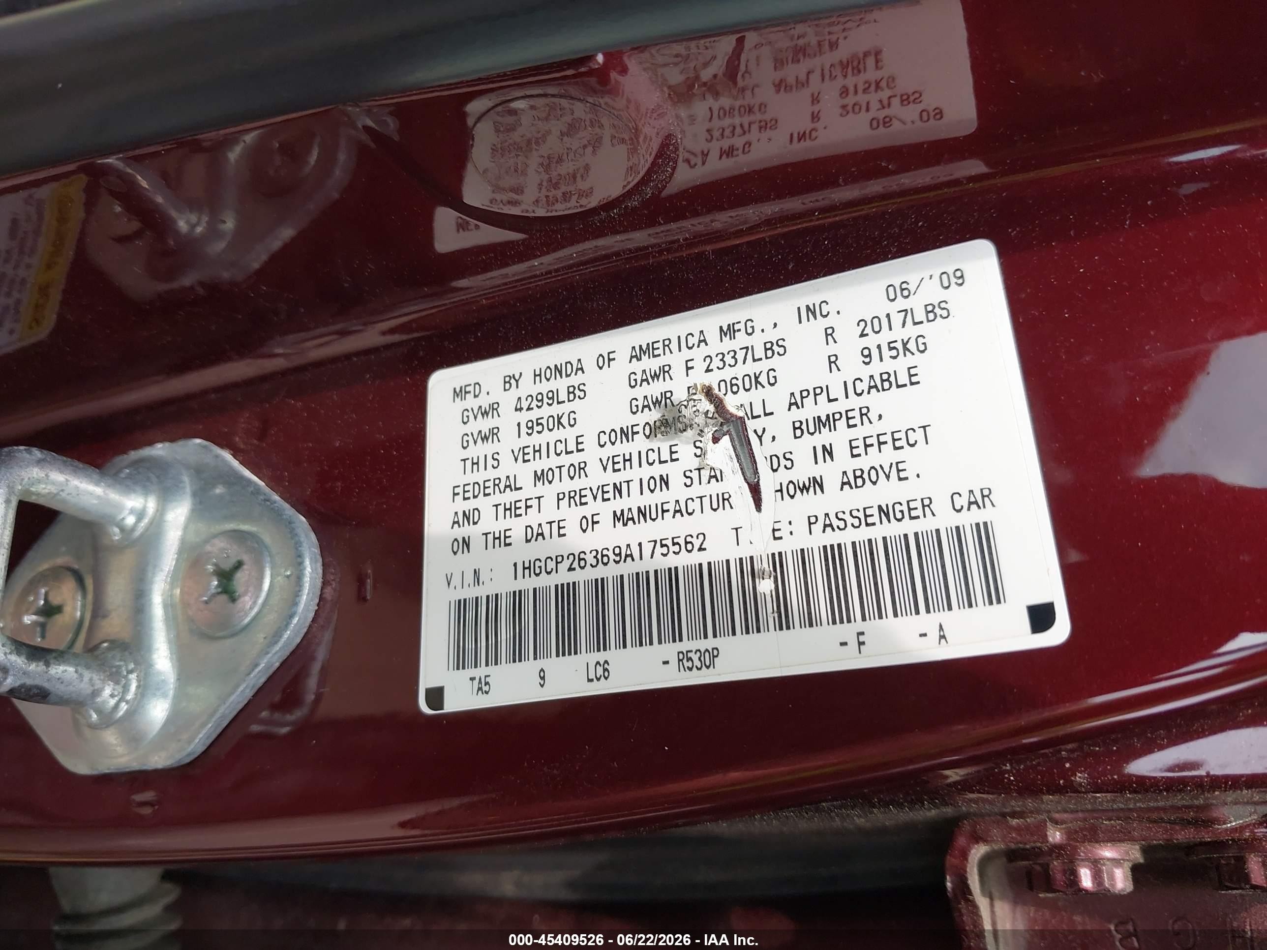 2009 Honda Accord 2.4 Lx Maroon vin: 1HGCP26369A175562
