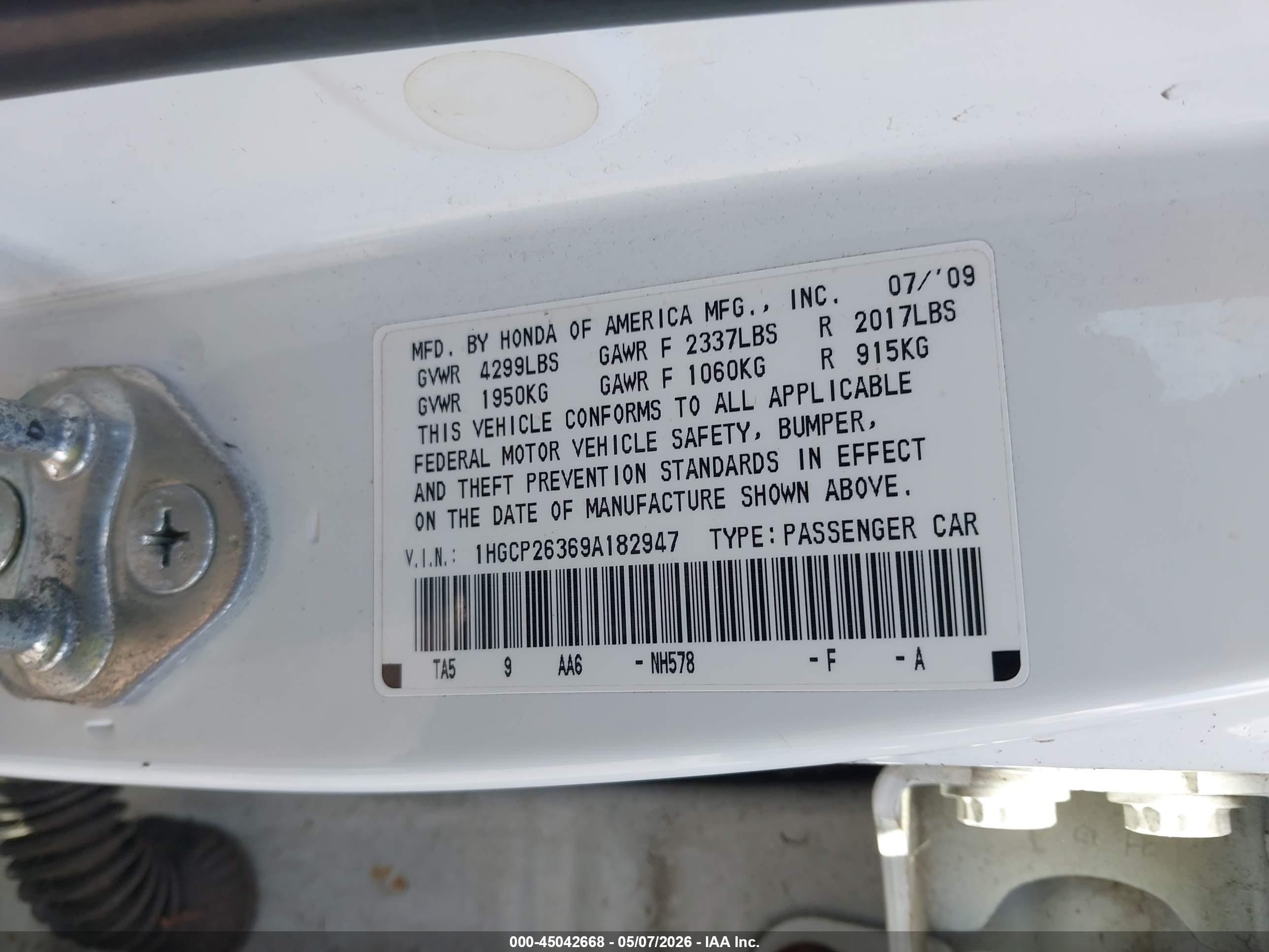 2009 Honda Accord 2.4 Lx White vin: 1HGCP26369A182947