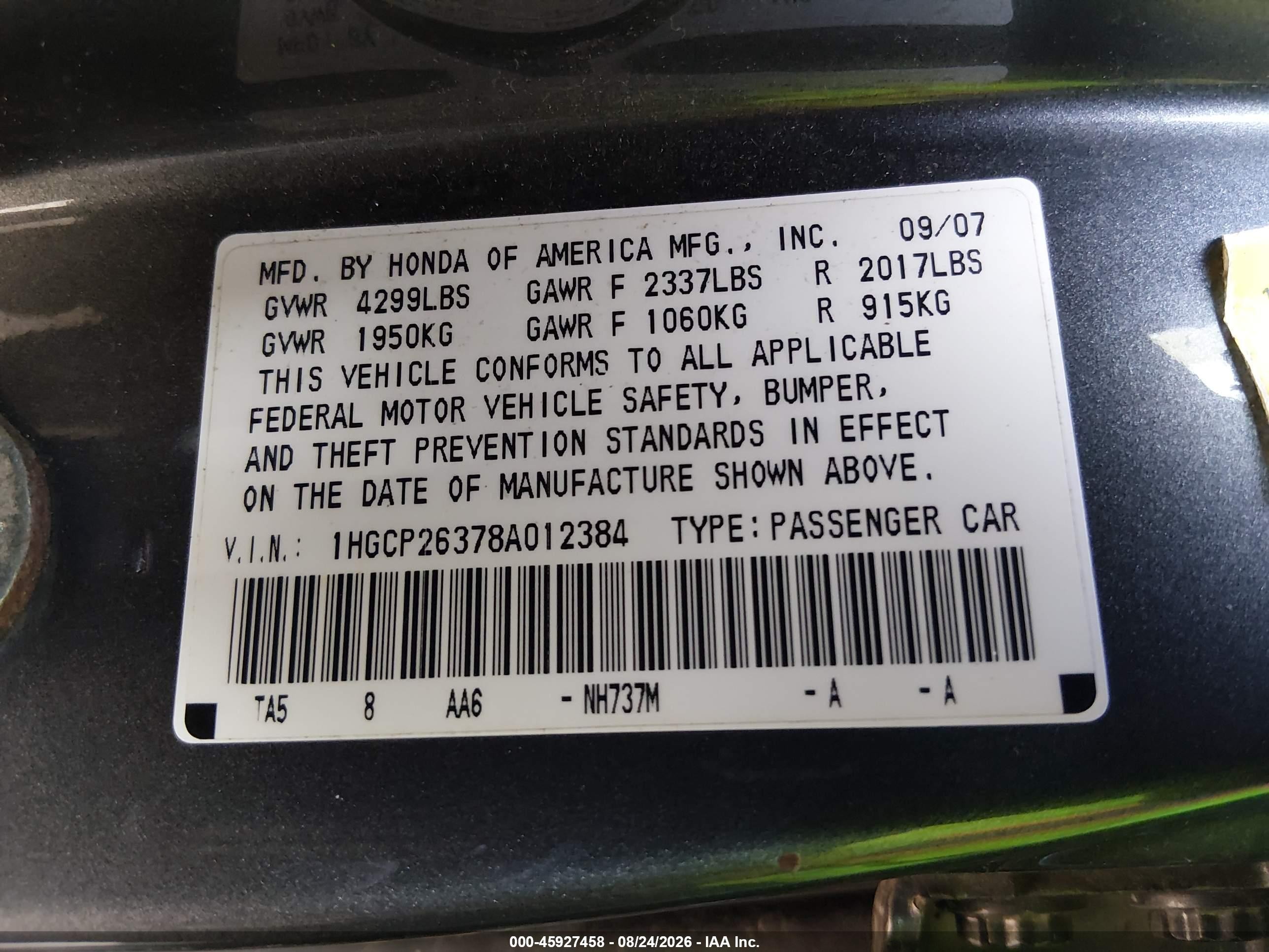 2008 Honda Accord 2.4 Lx Серый vin: 1HGCP26378A012384