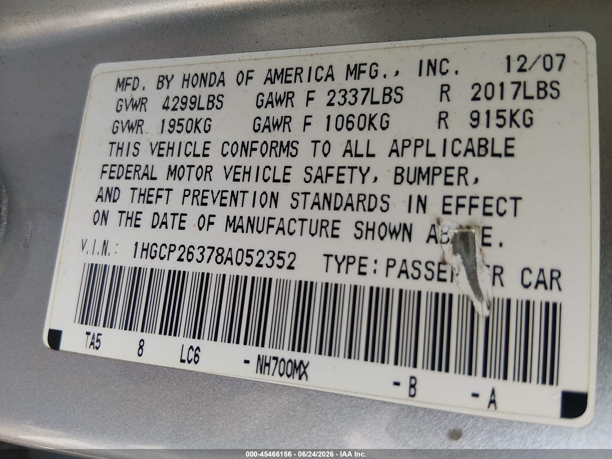2008 Honda Accord 2.4 Lx Gray vin: 1HGCP26378A052352