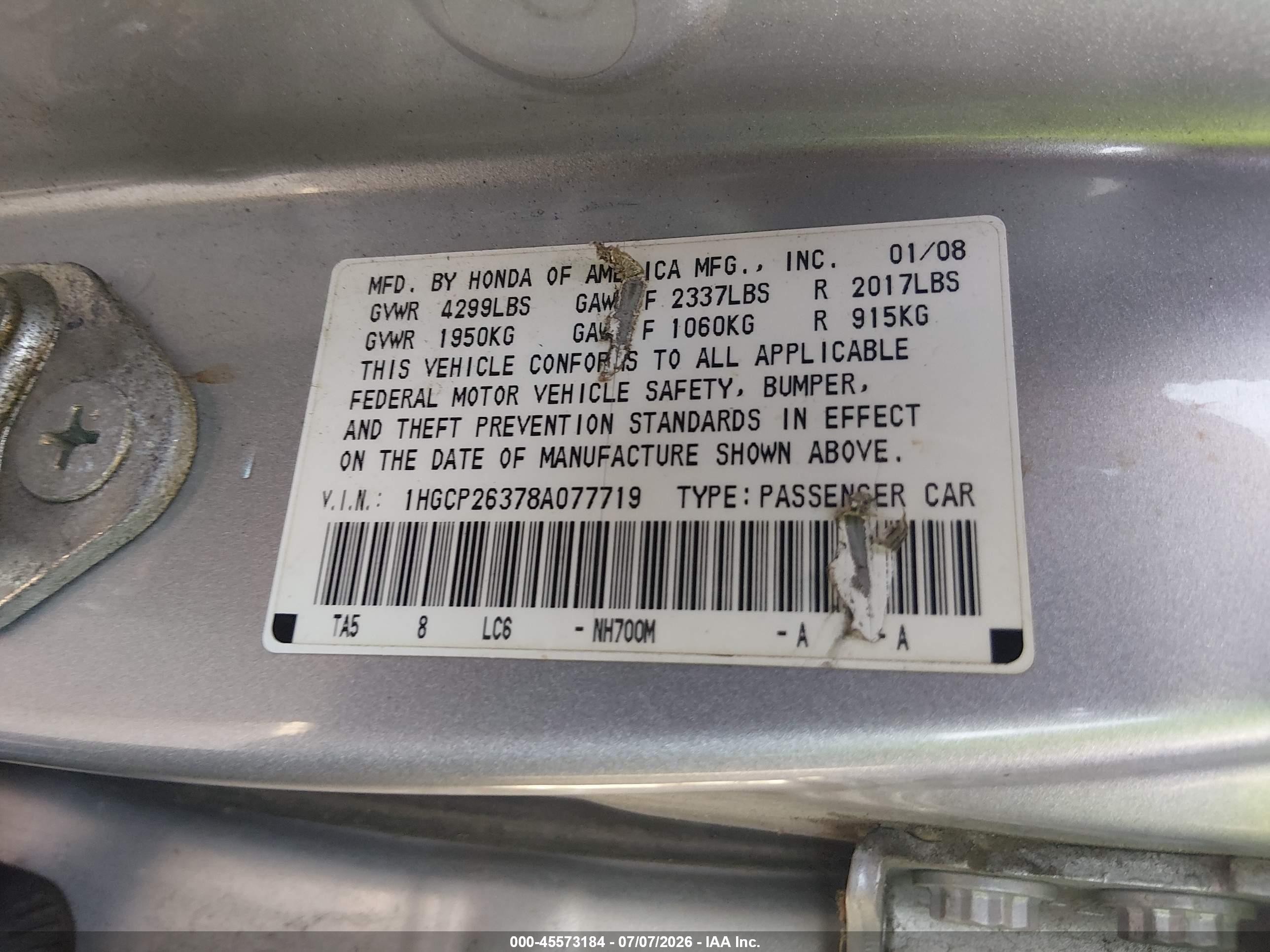 2008 Honda Accord 2.4 Lx Gray vin: 1HGCP26378A077719