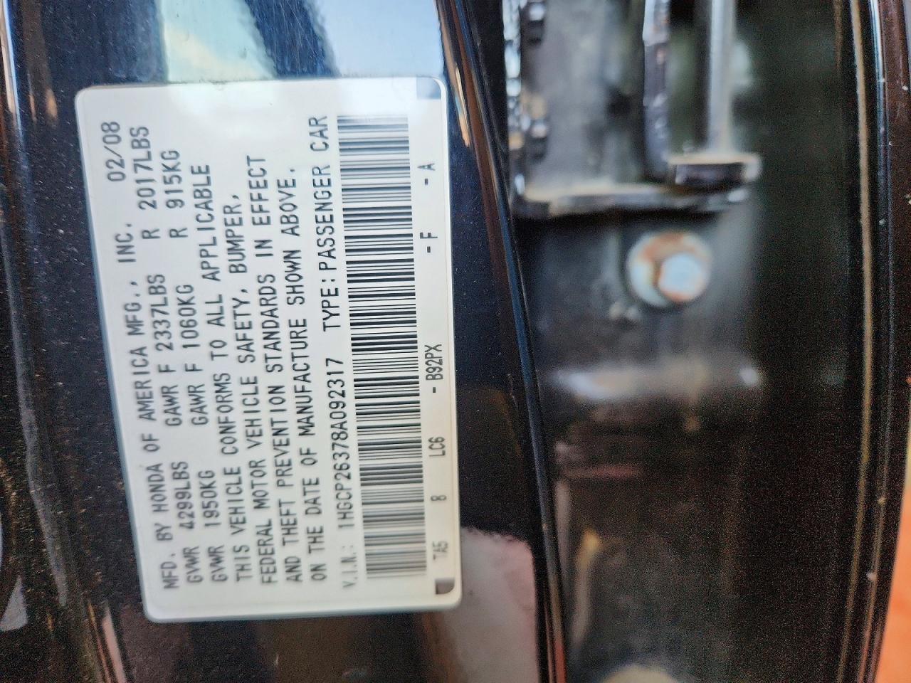 2008 Honda Accord Lx Black vin: 1HGCP26378A092317