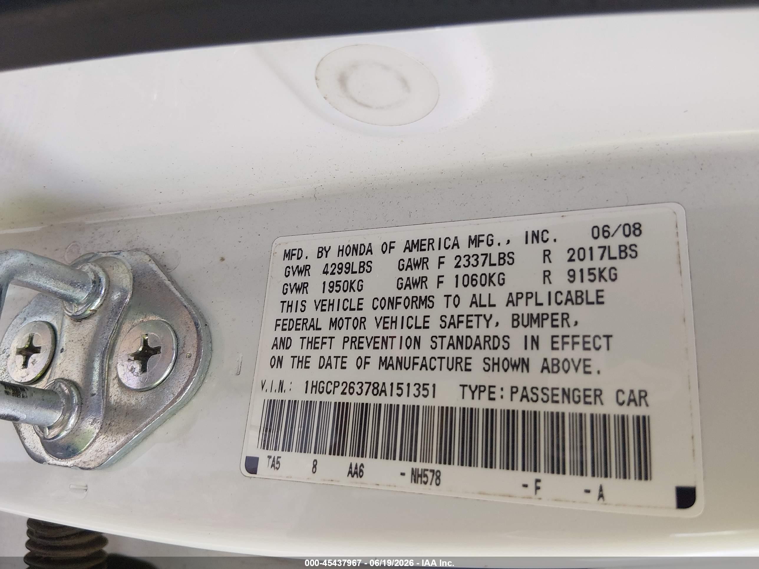 2008 Honda Accord 2.4 Lx White vin: 1HGCP26378A151351