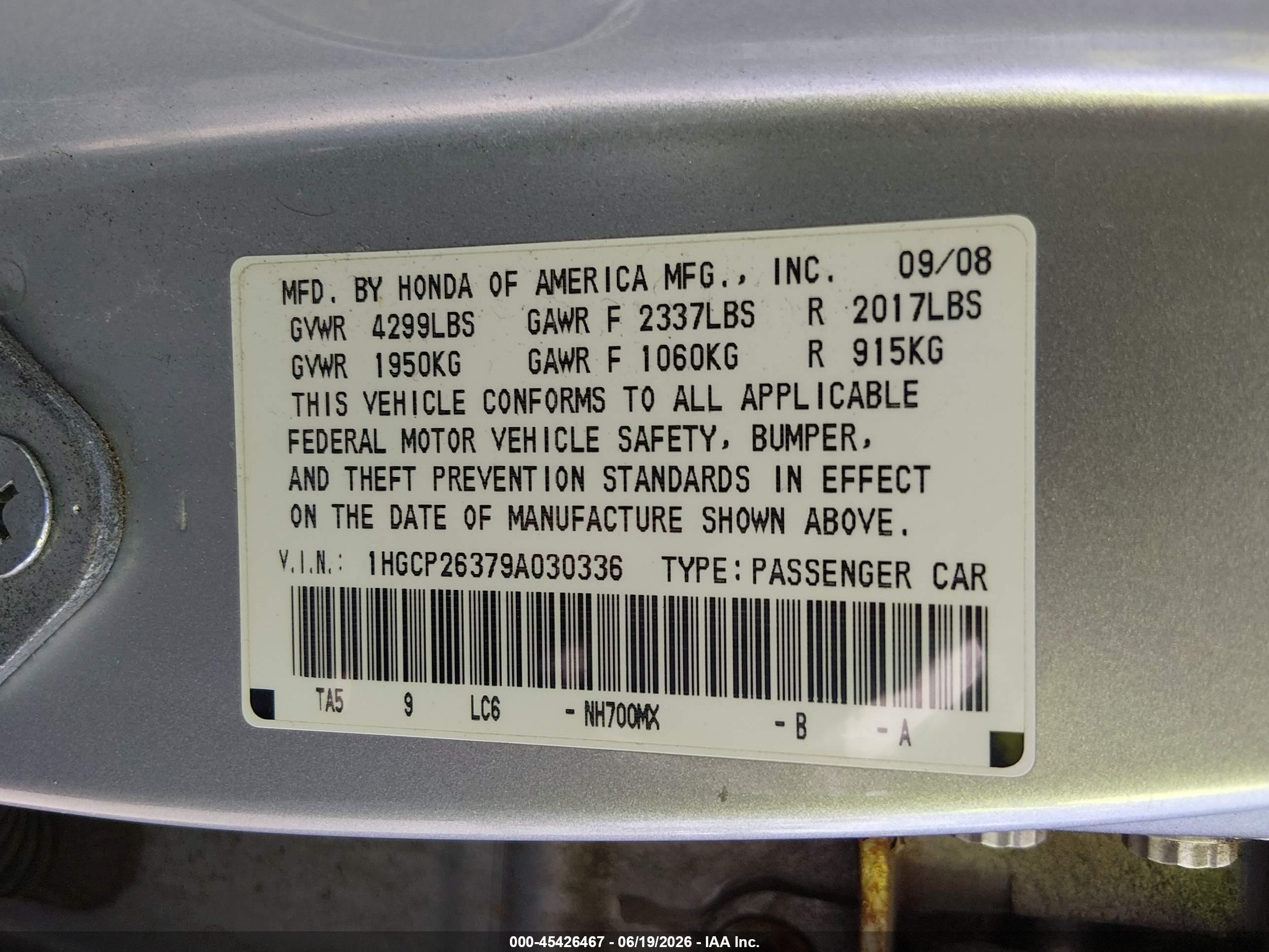 2009 Honda Accord 2.4 Lx Серебряный vin: 1HGCP26379A030336