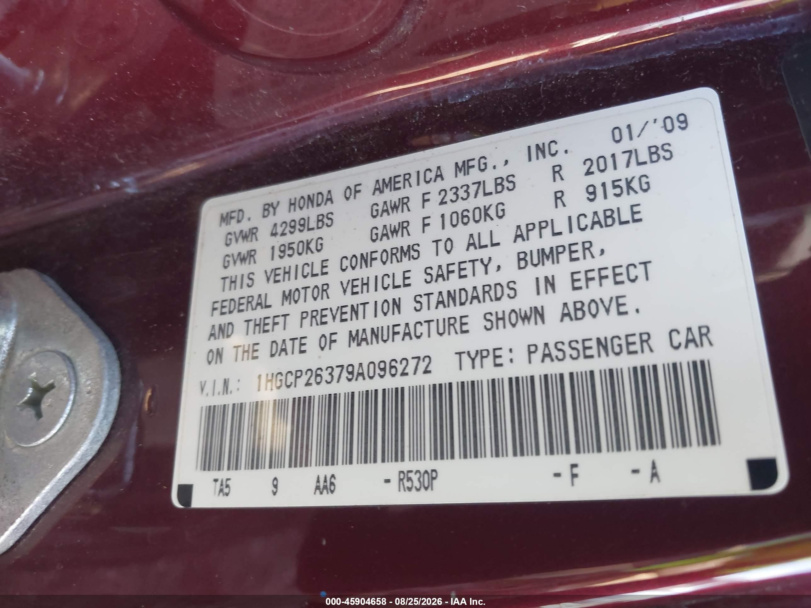 2009 Honda Accord 2.4 Lx Burgundy vin: 1HGCP26379A096272