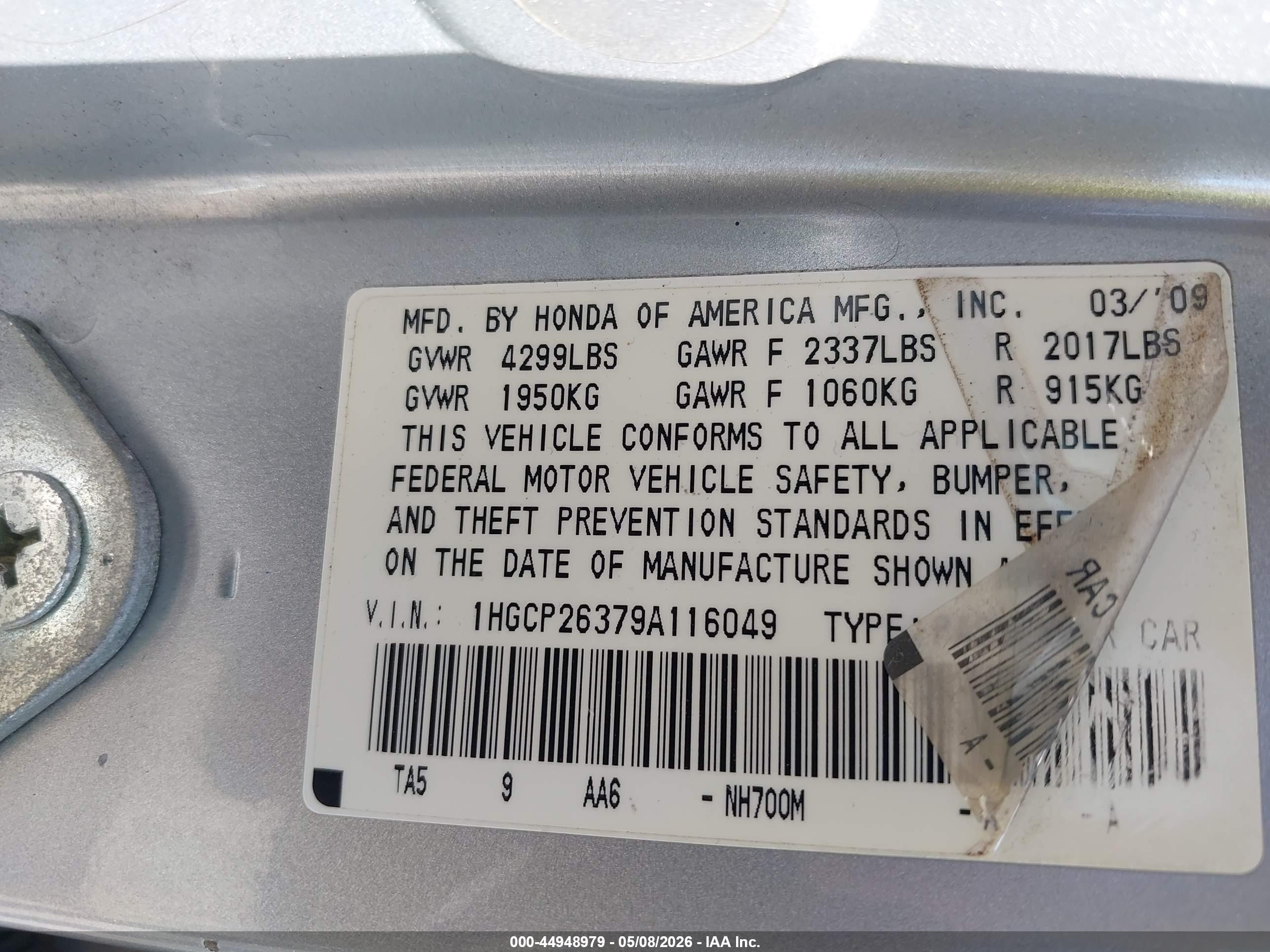 2009 Honda Accord 2.4 Lx Серебряный vin: 1HGCP26379A116049