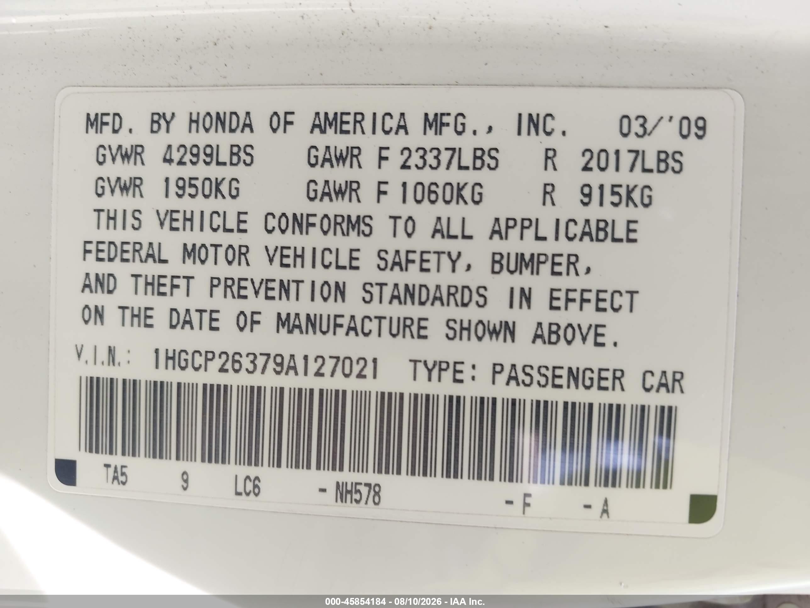 2009 Honda Accord 2.4 Lx White vin: 1HGCP26379A127021
