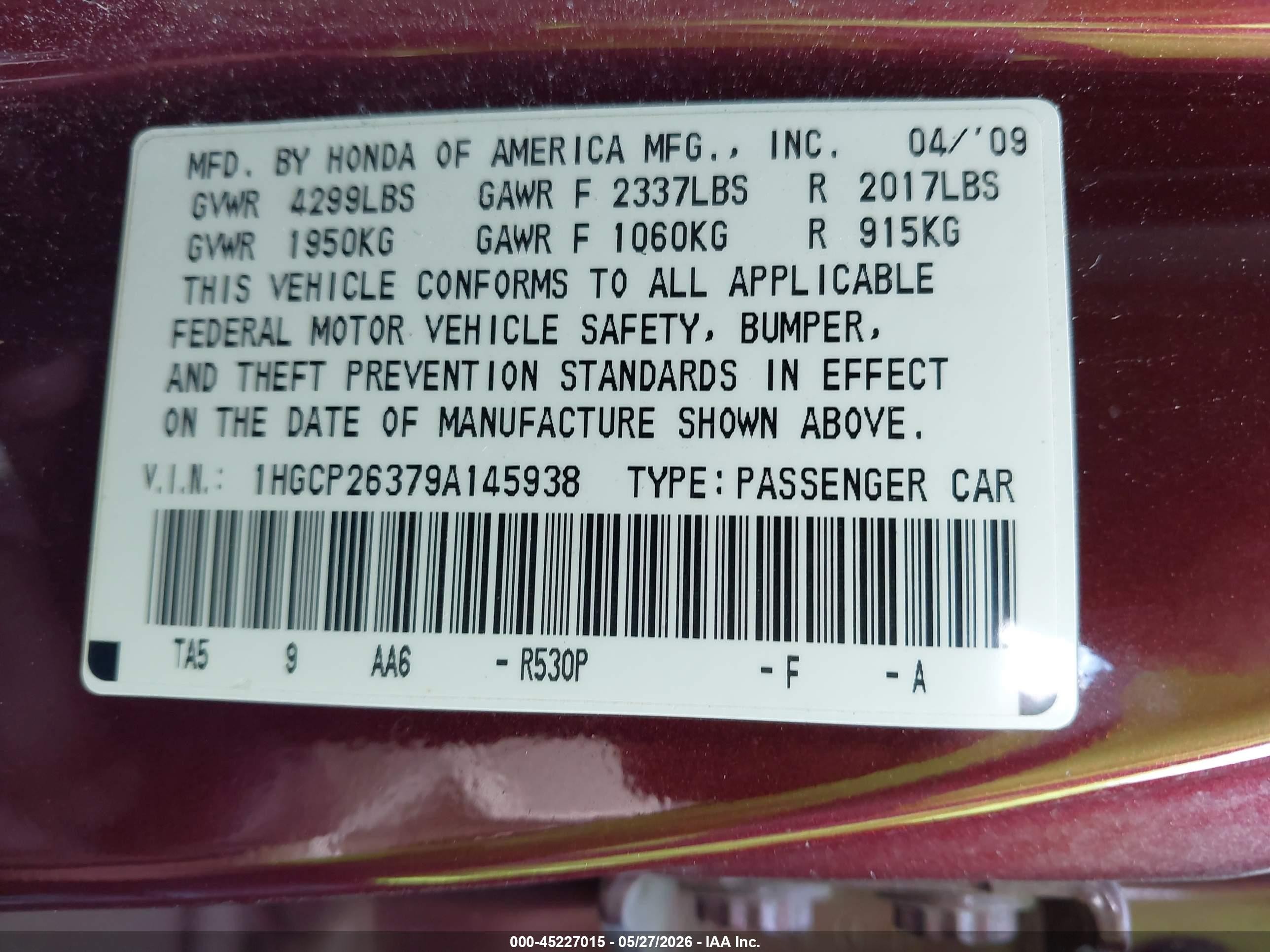 2009 Honda Accord 2.4 Lx Burgundy vin: 1HGCP26379A145938