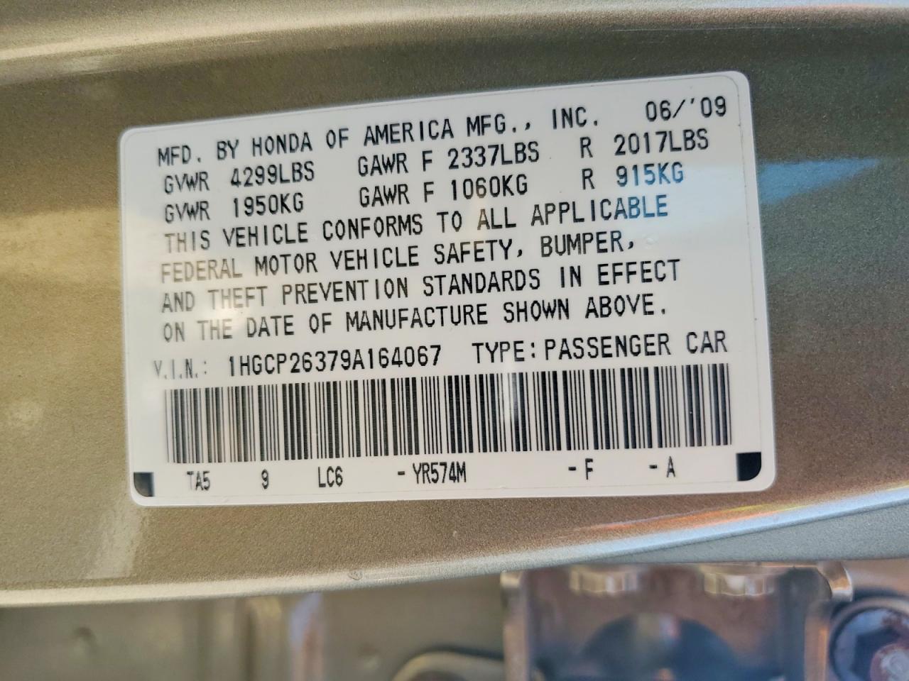 2009 Honda Accord Lx Gold vin: 1HGCP26379A164067