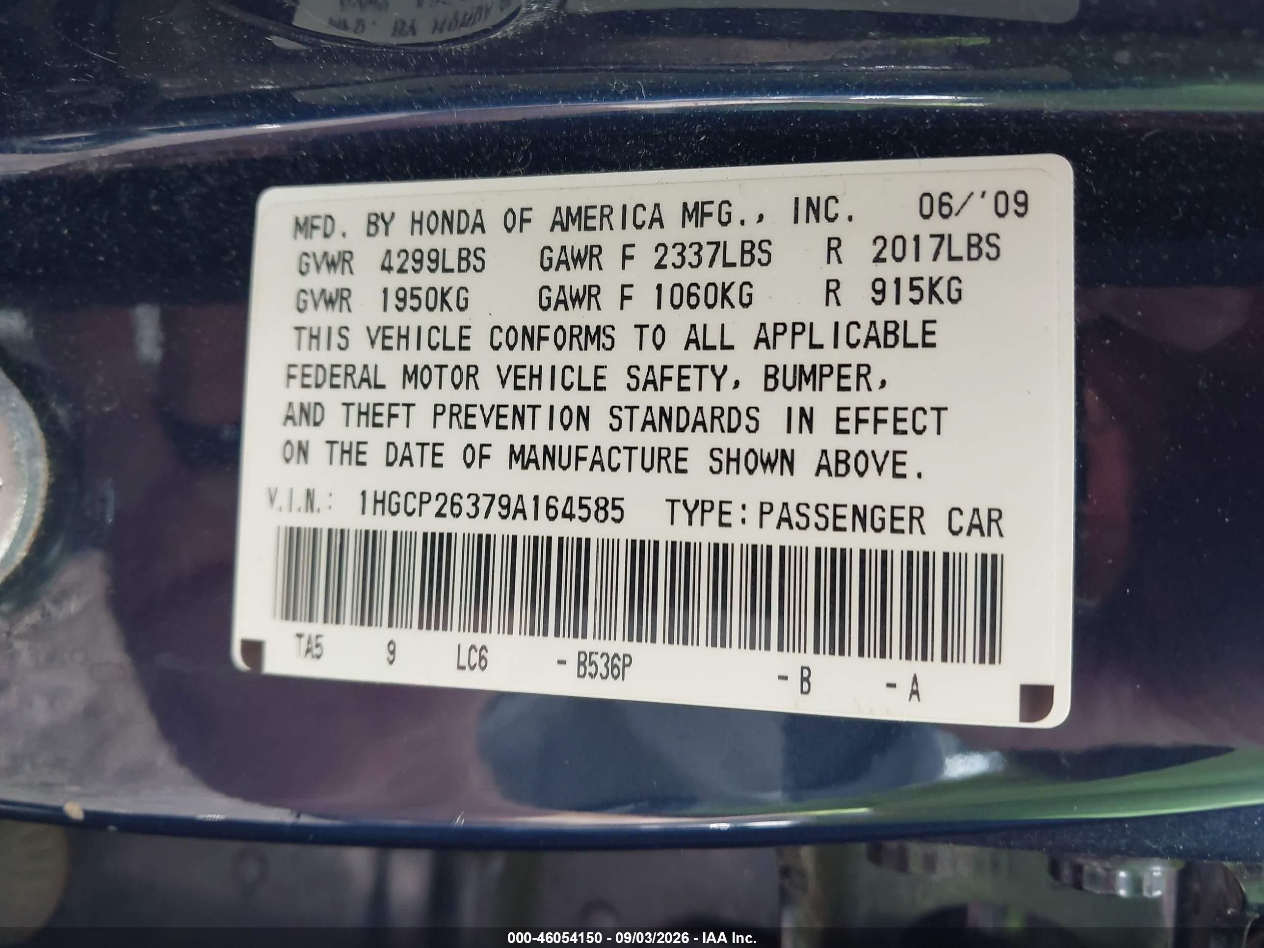 2009 Honda Accord 2.4 Lx Blue vin: 1HGCP26379A164585
