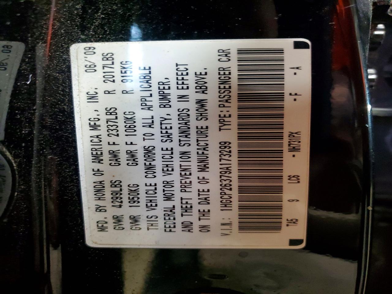 2009 Honda Accord Lx Black vin: 1HGCP26379A173299