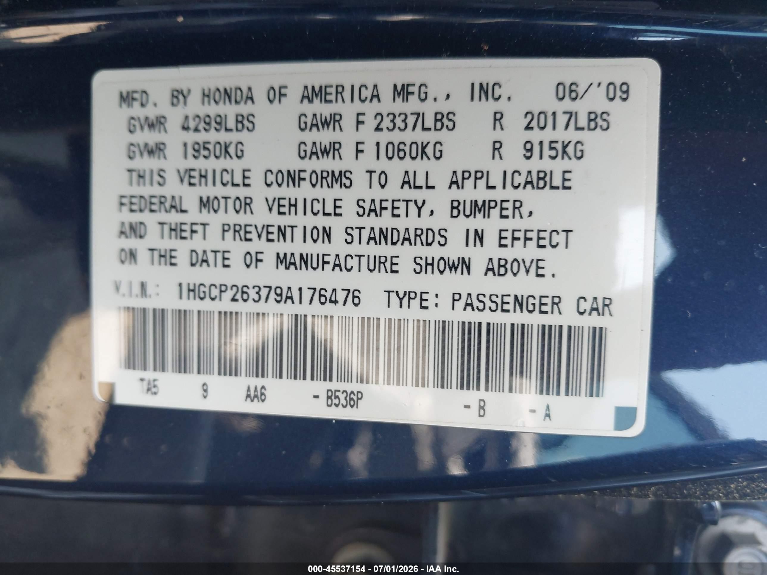 2009 Honda Accord 2.4 Lx Blue vin: 1HGCP26379A176476