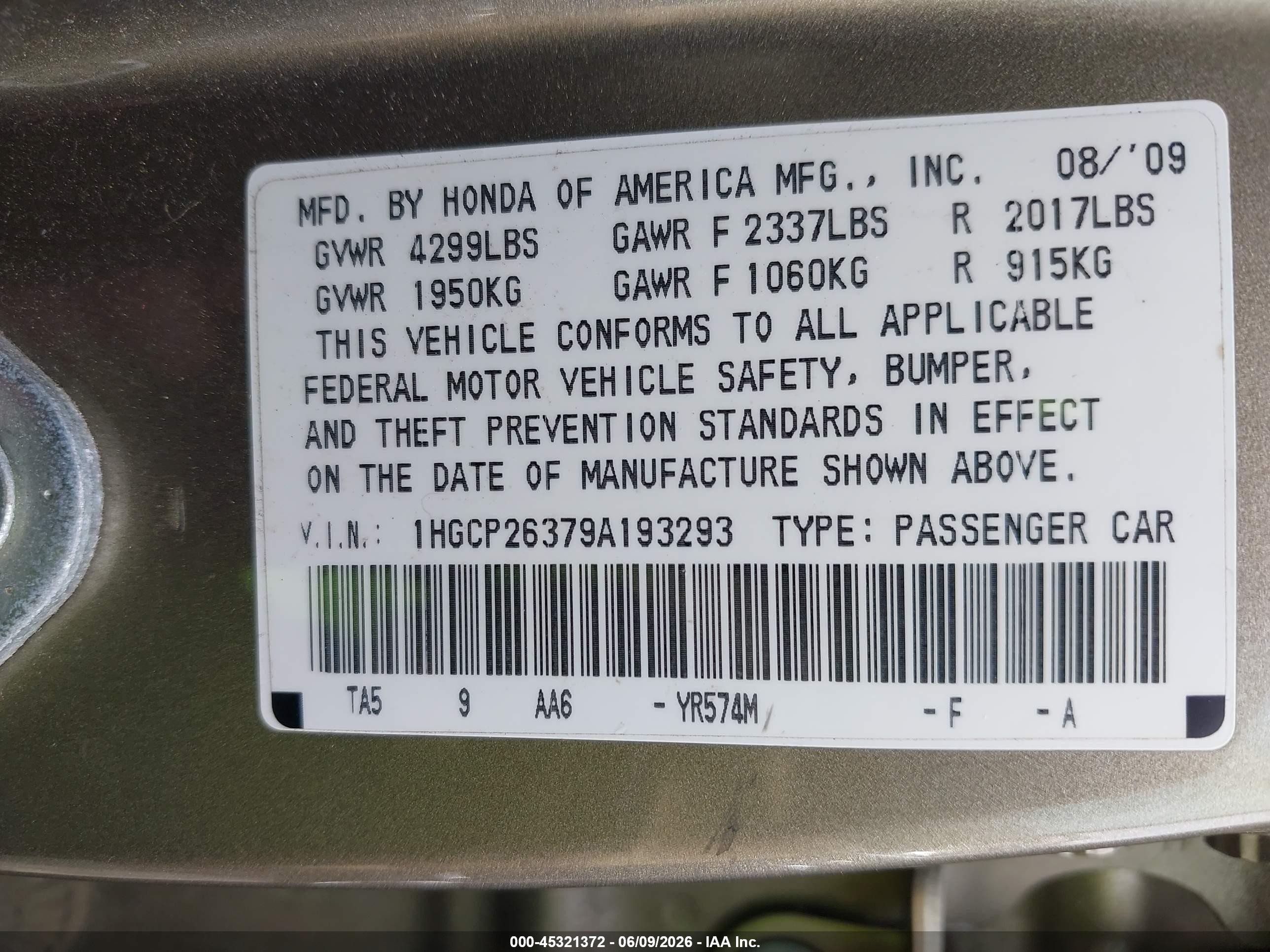 2009 Honda Accord 2.4 Lx Gold vin: 1HGCP26379A193293