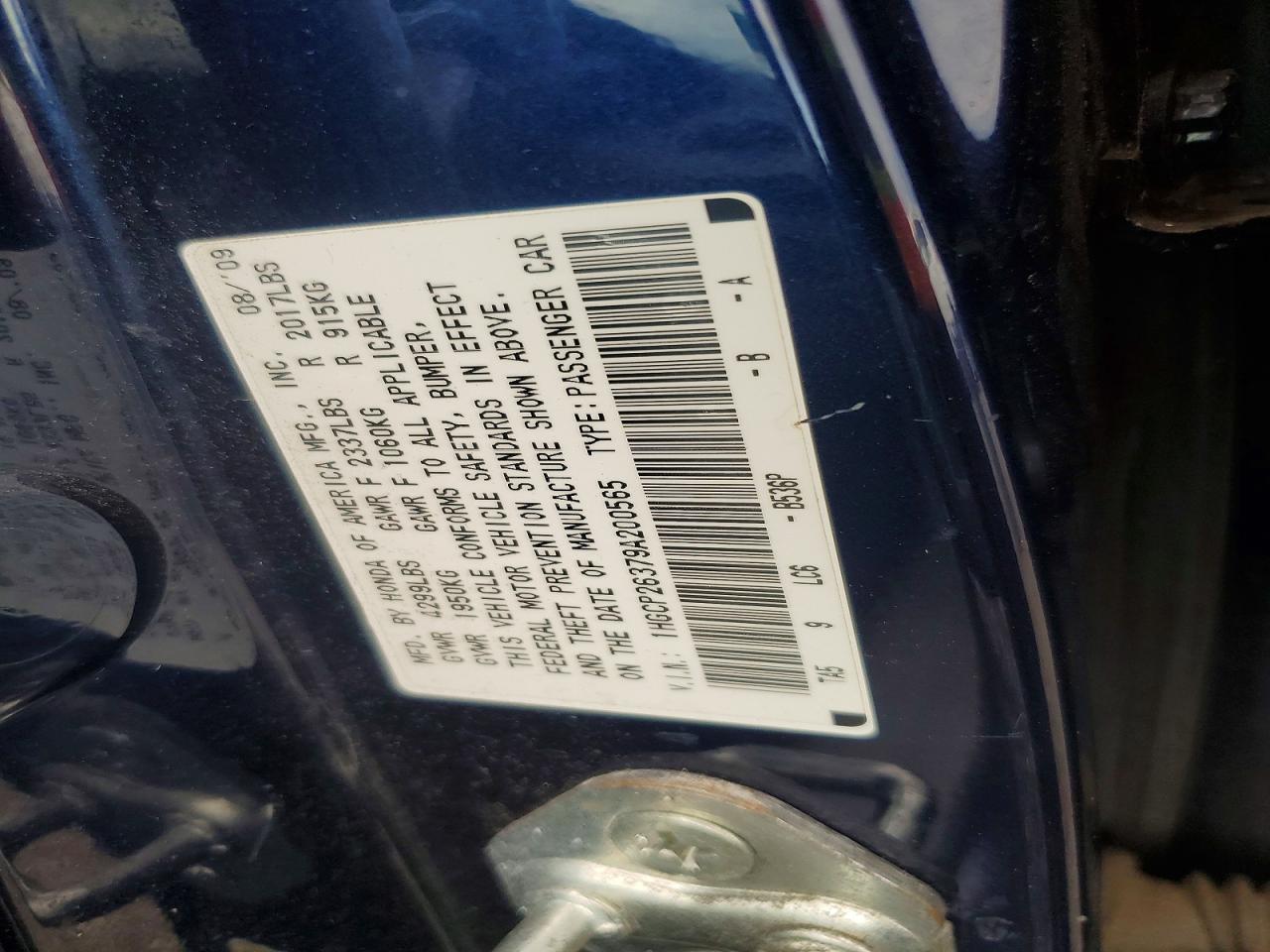 2009 Honda Accord Lx Blue vin: 1HGCP26379A200565
