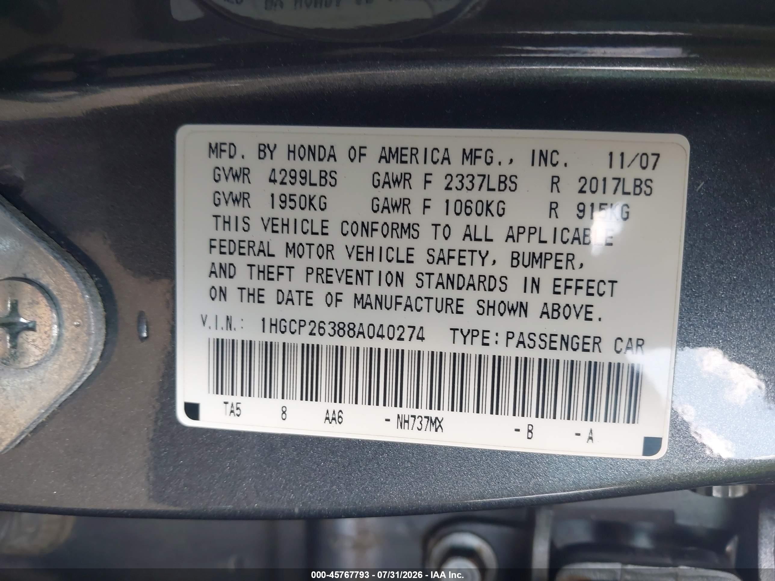 2008 Honda Accord 2.4 Lx Серый vin: 1HGCP26388A040274