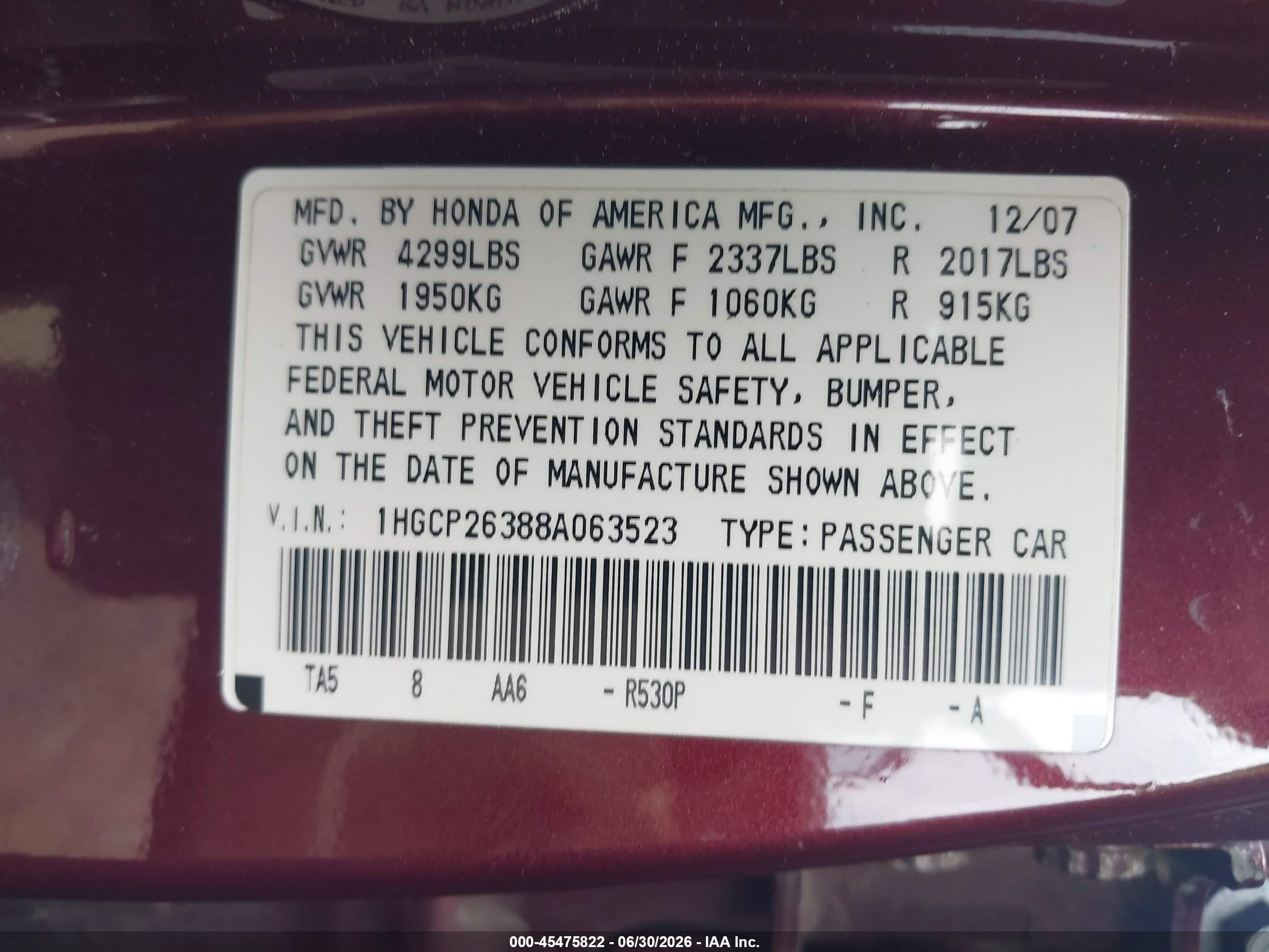 2008 Honda Accord 2.4 Lx Maroon vin: 1HGCP26388A063523