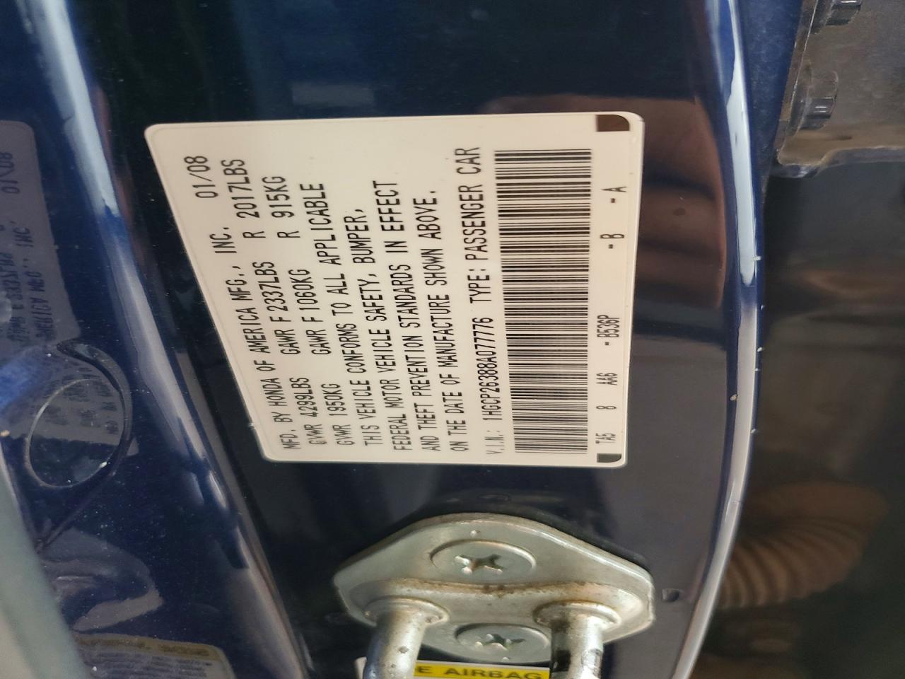2008 Honda Accord Lx Blue vin: 1HGCP26388A077776