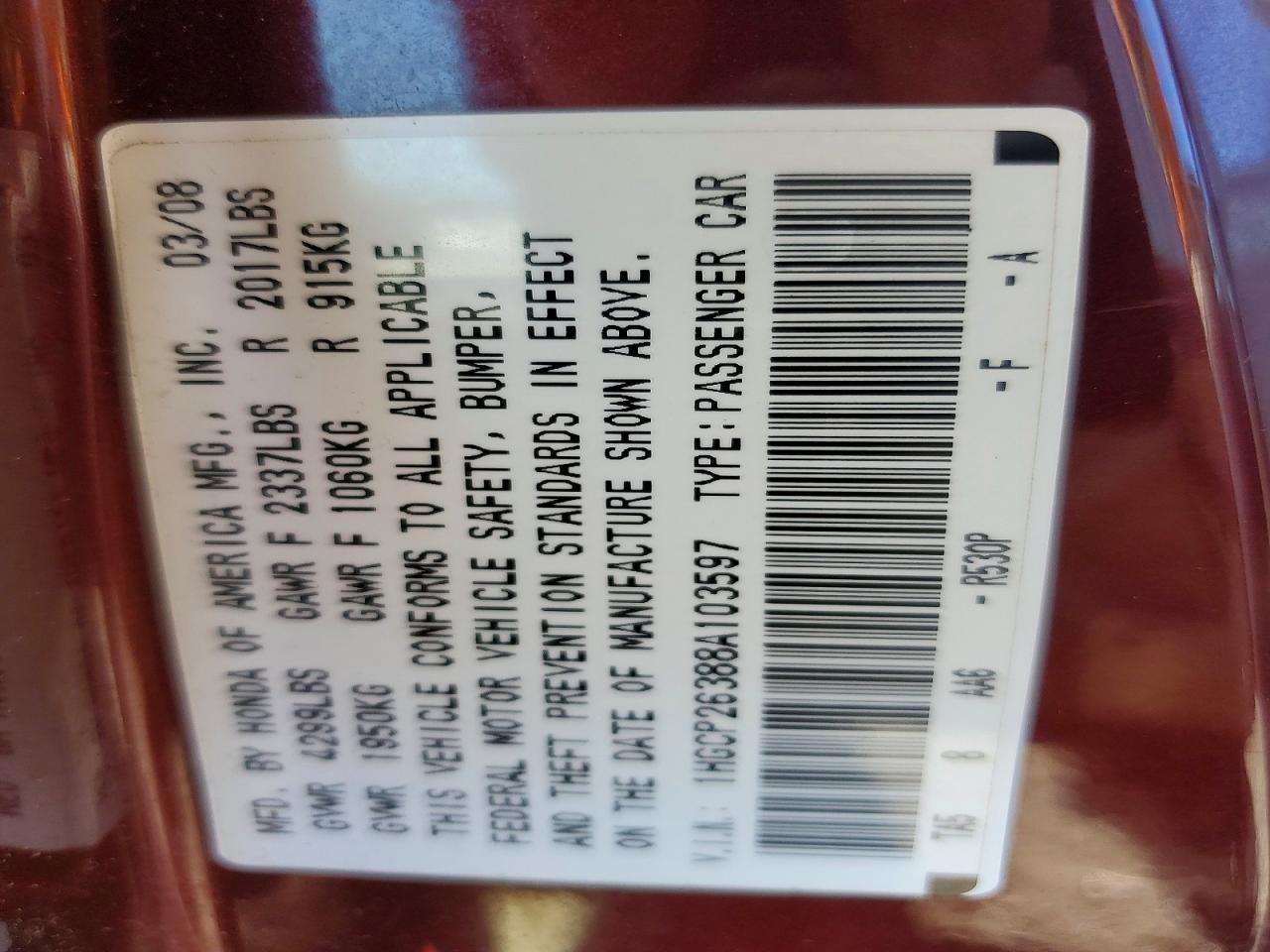 2008 Honda Accord Lx Burgundy vin: 1HGCP26388A103597